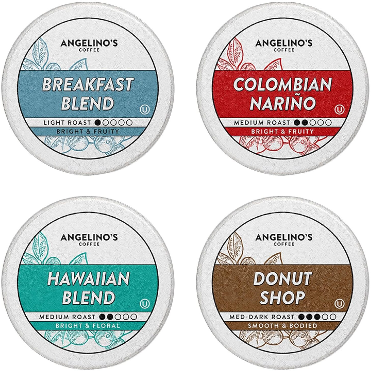 Angelino's Coffee - Medium Roast Coffee Pods Variety Pack, 96 Count - Includes Breakfast Blend, Colombian Nario, Hawaiian Blend, Donut Shop, Single Serve Coffee Pods For Keurig K-Cup Brewers