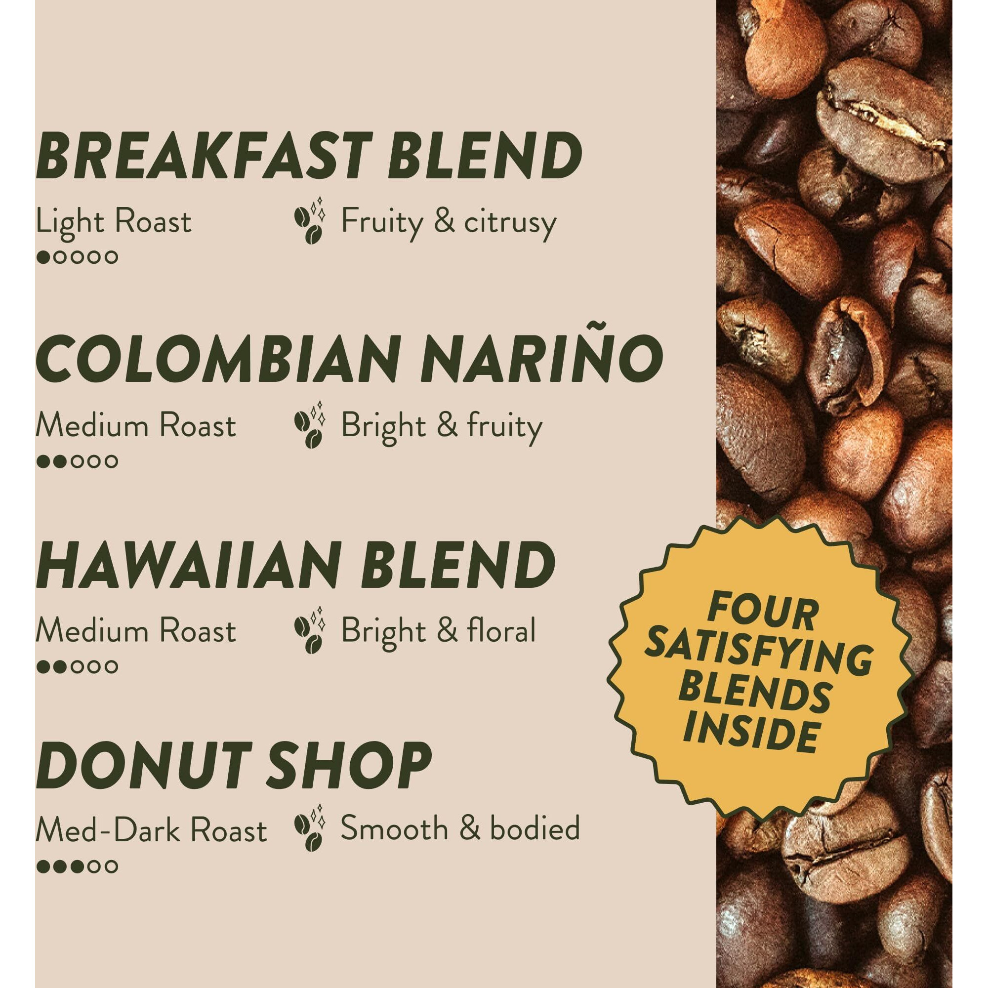 Angelino's Coffee - Medium Roast Coffee Pods Variety Pack, 96 Count - Includes Breakfast Blend, Colombian Nario, Hawaiian Blend, Donut Shop, Single Serve Coffee Pods For Keurig K-Cup Brewers