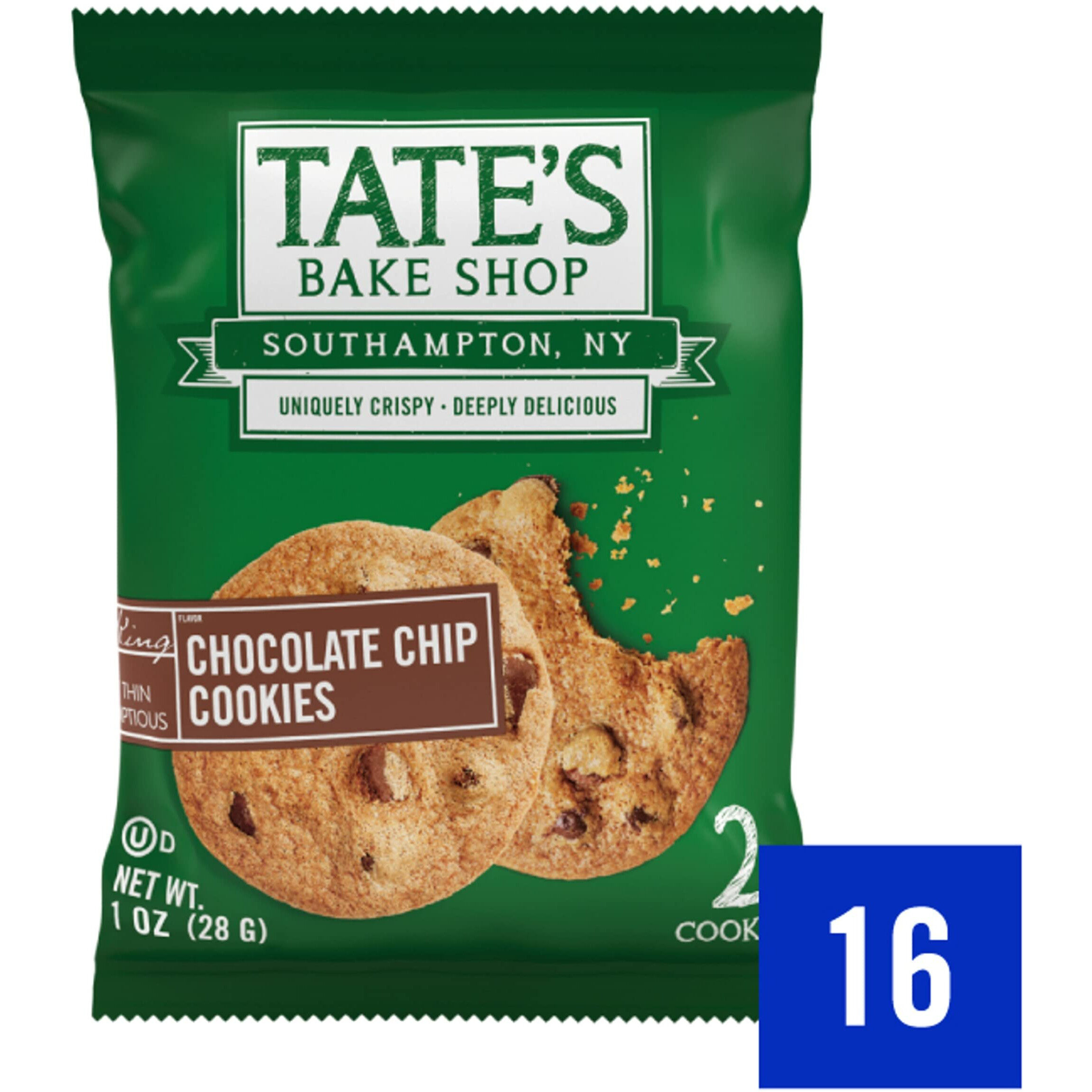 Tates Bake Shop Chocolate Chip Cookies, 16 - 2 Cookie Snack Packs (2 Boxes)