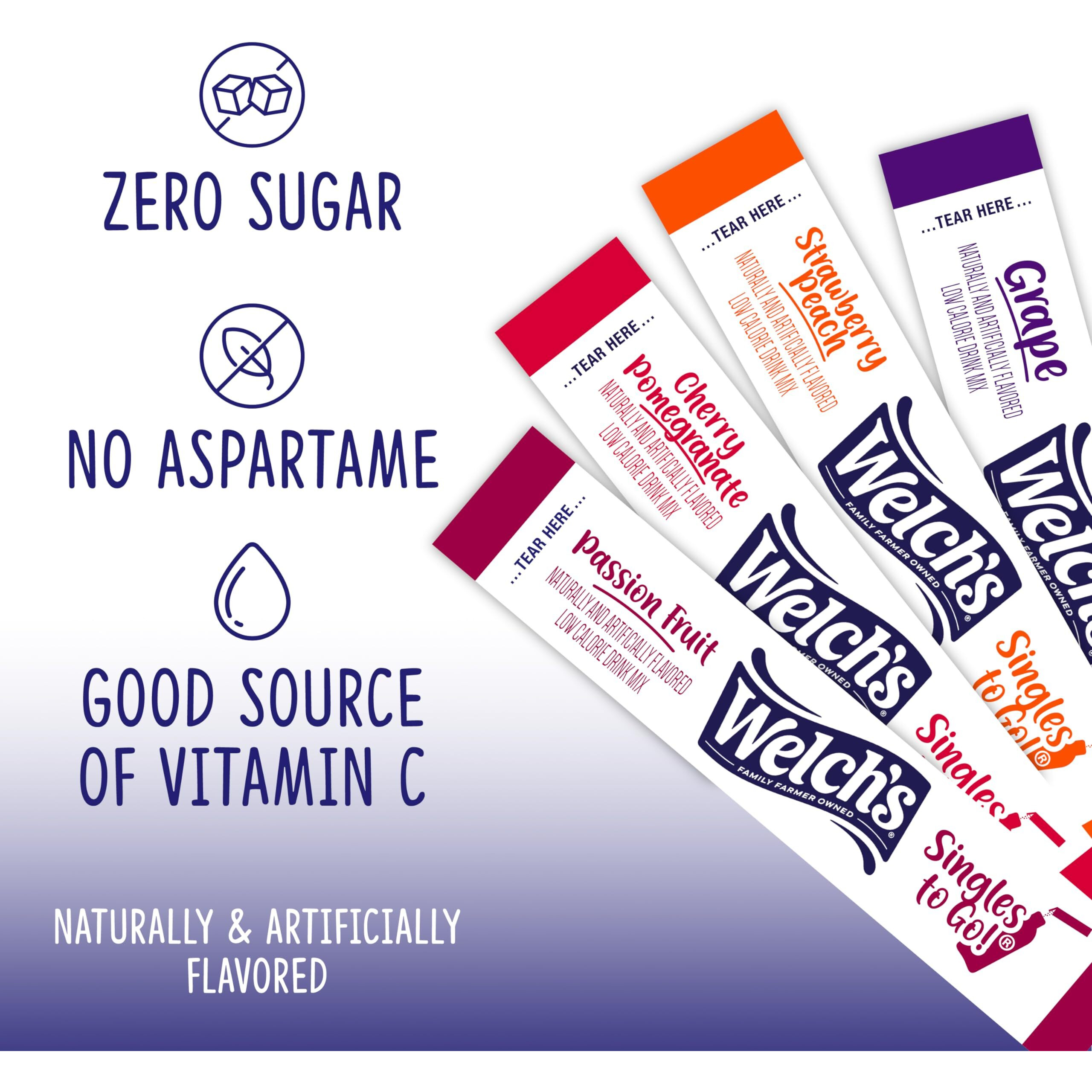 Welch's Singles To Go Variety Pack, Watertok Powdered Drink Mix, Includes 4 Flavors, Grape, Passion Fruit, Strawberry Peach, Cherry Pomegranate, 1 Box (30 Servings)