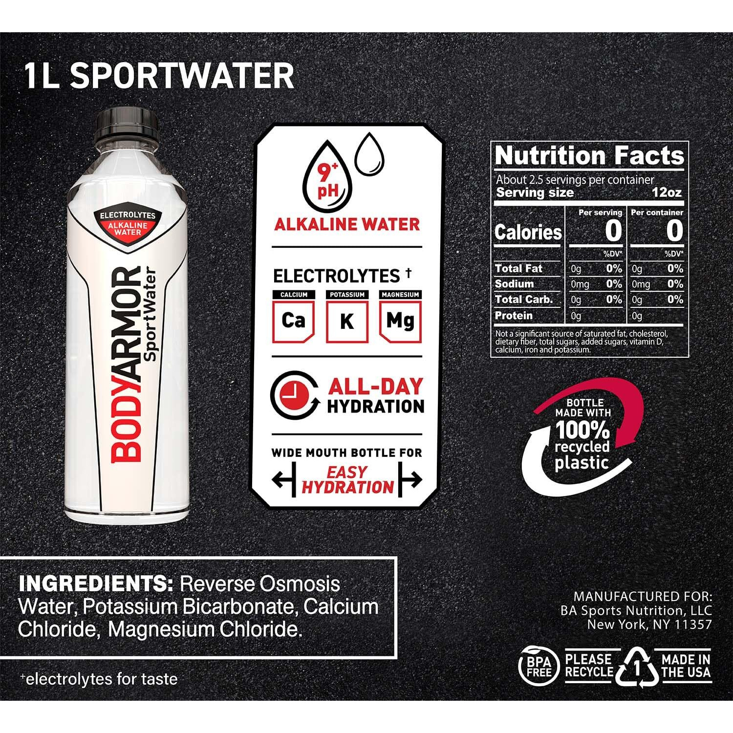 Bodyarmor Sportwater Alkaline Water, Superior Hydration, High Alkaline Water Ph 9+, Electrolytes, Perfect For Your Active Lifestyle, 1 Liter (Pack Of 6)
