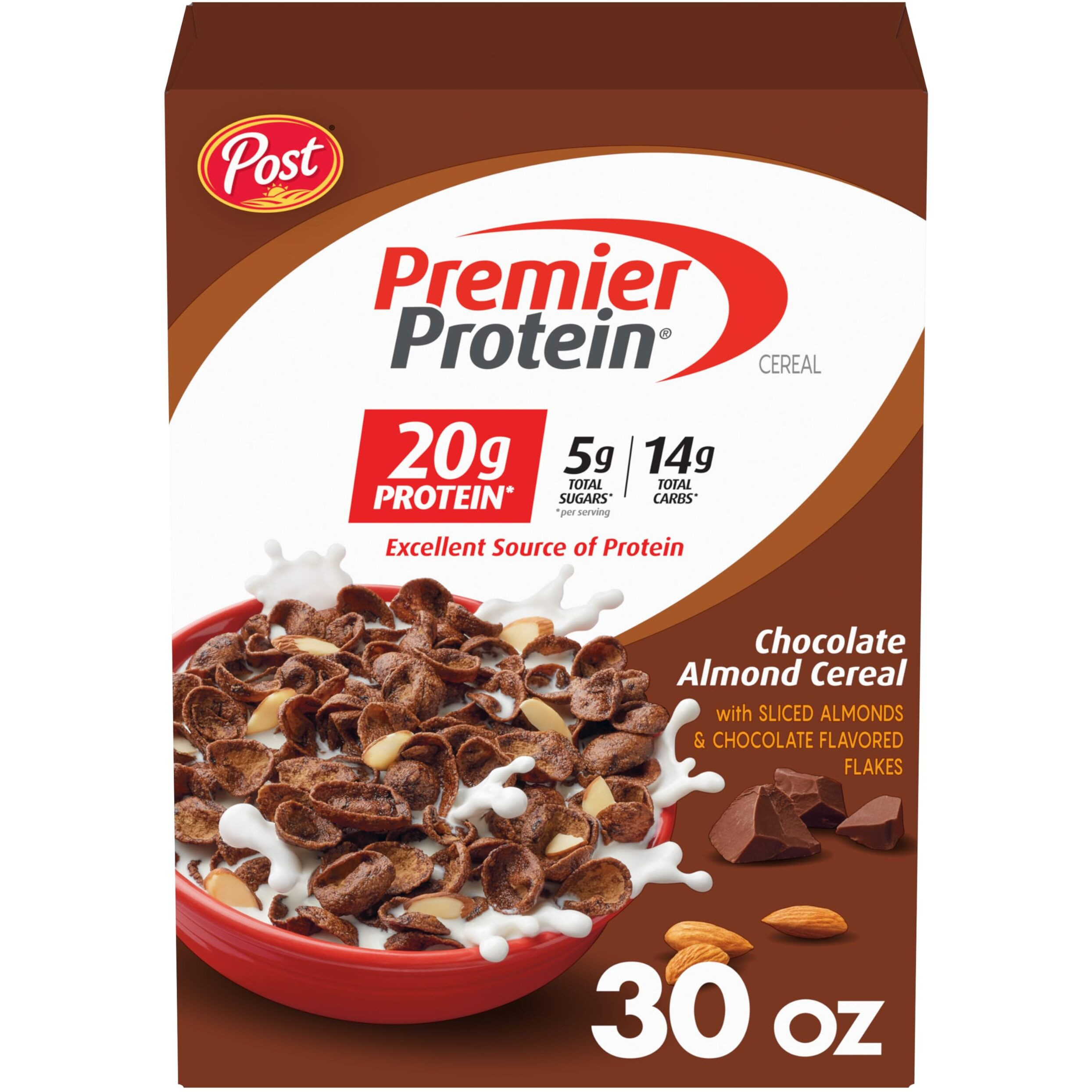 Post Premier Protein Chocolate Almond Cereal, Chocolatey Protein Cereal Flakes With Sliced Almonds, Contains 20G Of Protein Per Serving, 30 Oz Box