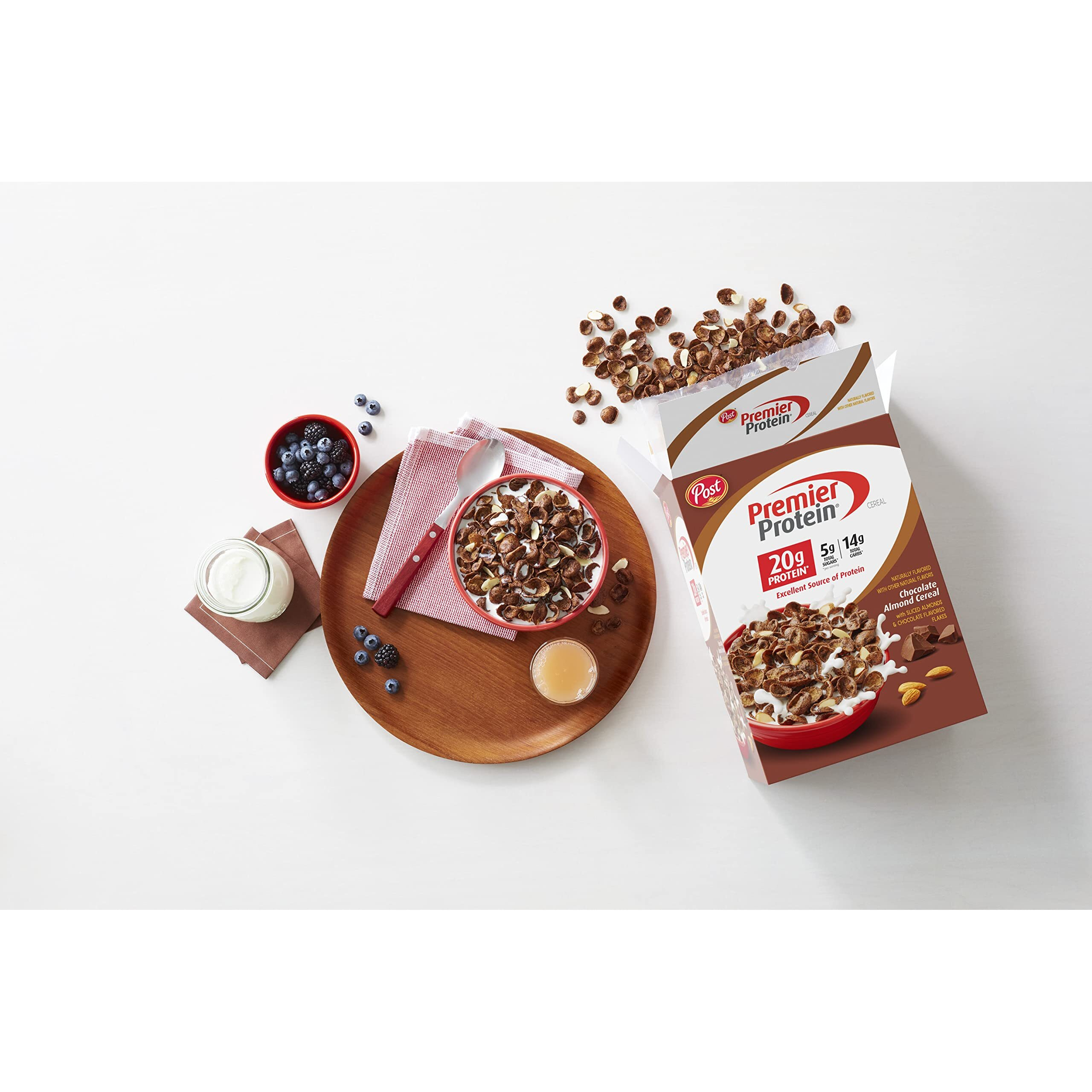 Post Premier Protein Chocolate Almond Cereal, Chocolatey Protein Cereal Flakes With Sliced Almonds, Contains 20G Of Protein Per Serving, 30 Oz Box