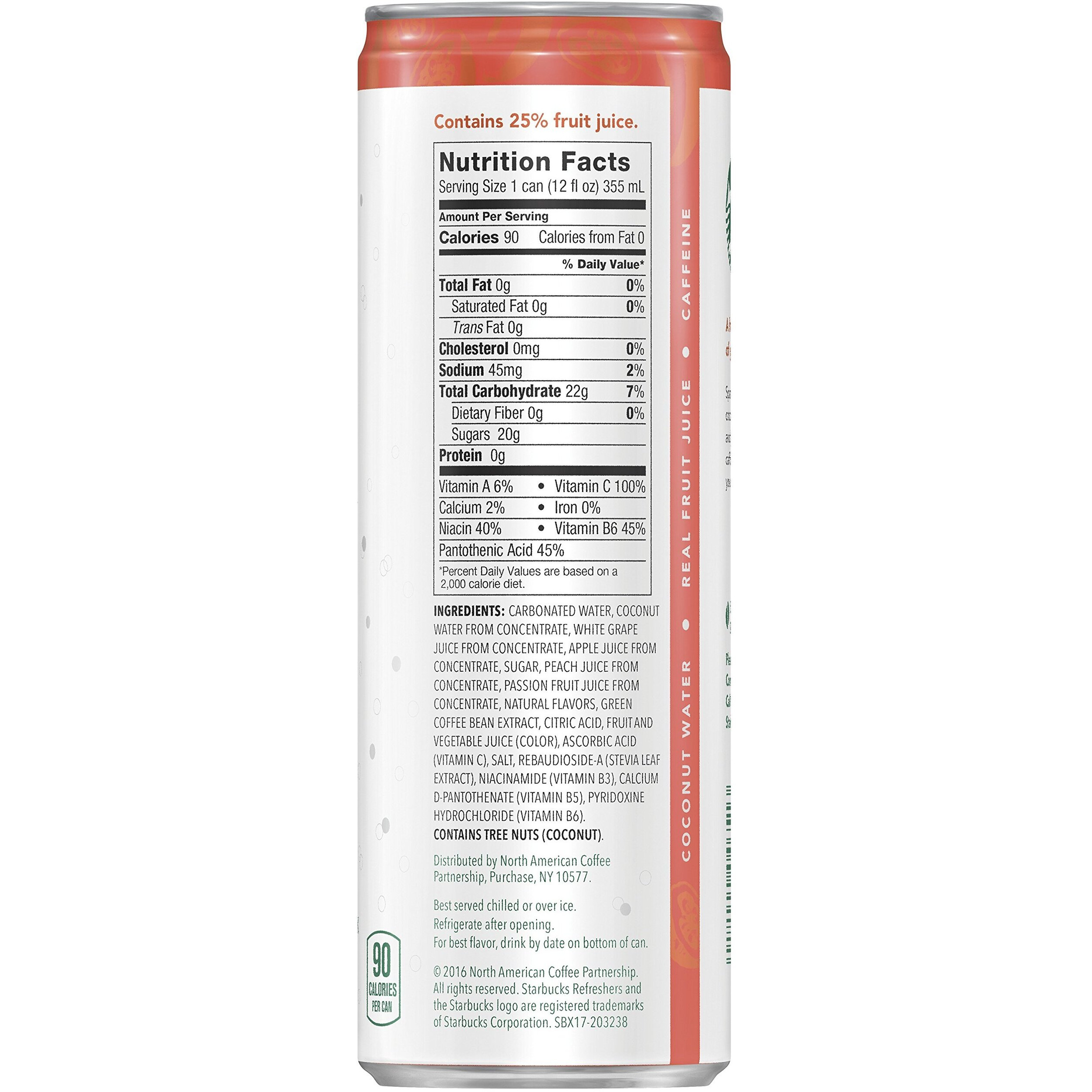 Starbucks, Refreshers With Cocounut Water, Peach Passion Fruit, 12 Fl Oz. Cans (12 Pack) (Packaging May Vary)