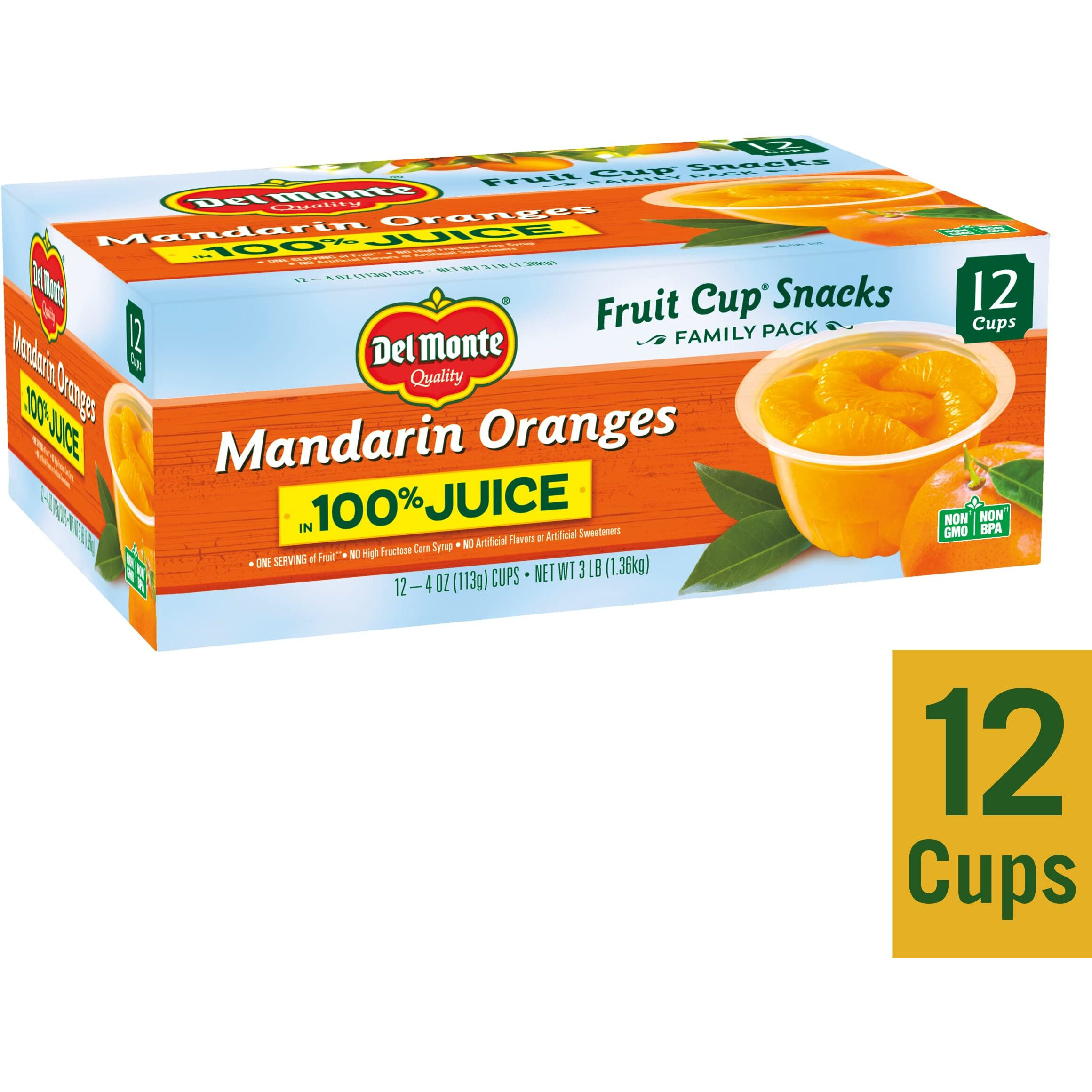 Del Monte Mandarin Orange In 100% Juice Snack Cups, 4-Ounce Cups (Pack Of 12)
