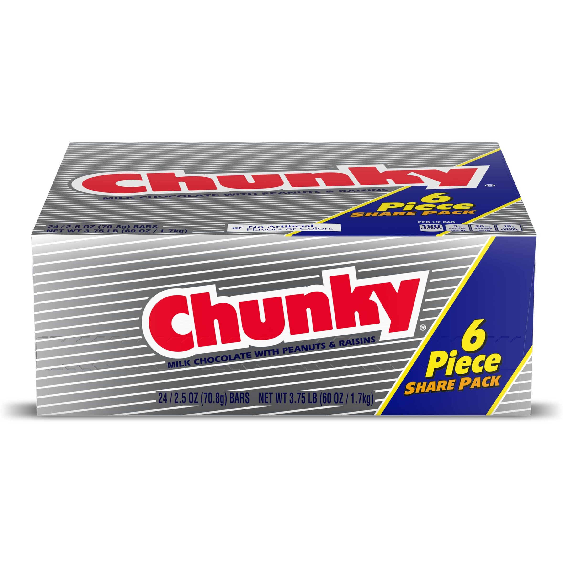 Chunky, Milk Chocolate With Peanuts And Raisins, Individually Wrapped Candy Bar, Share Pack 2.5.Oz Each, Bulk 24 Pack
