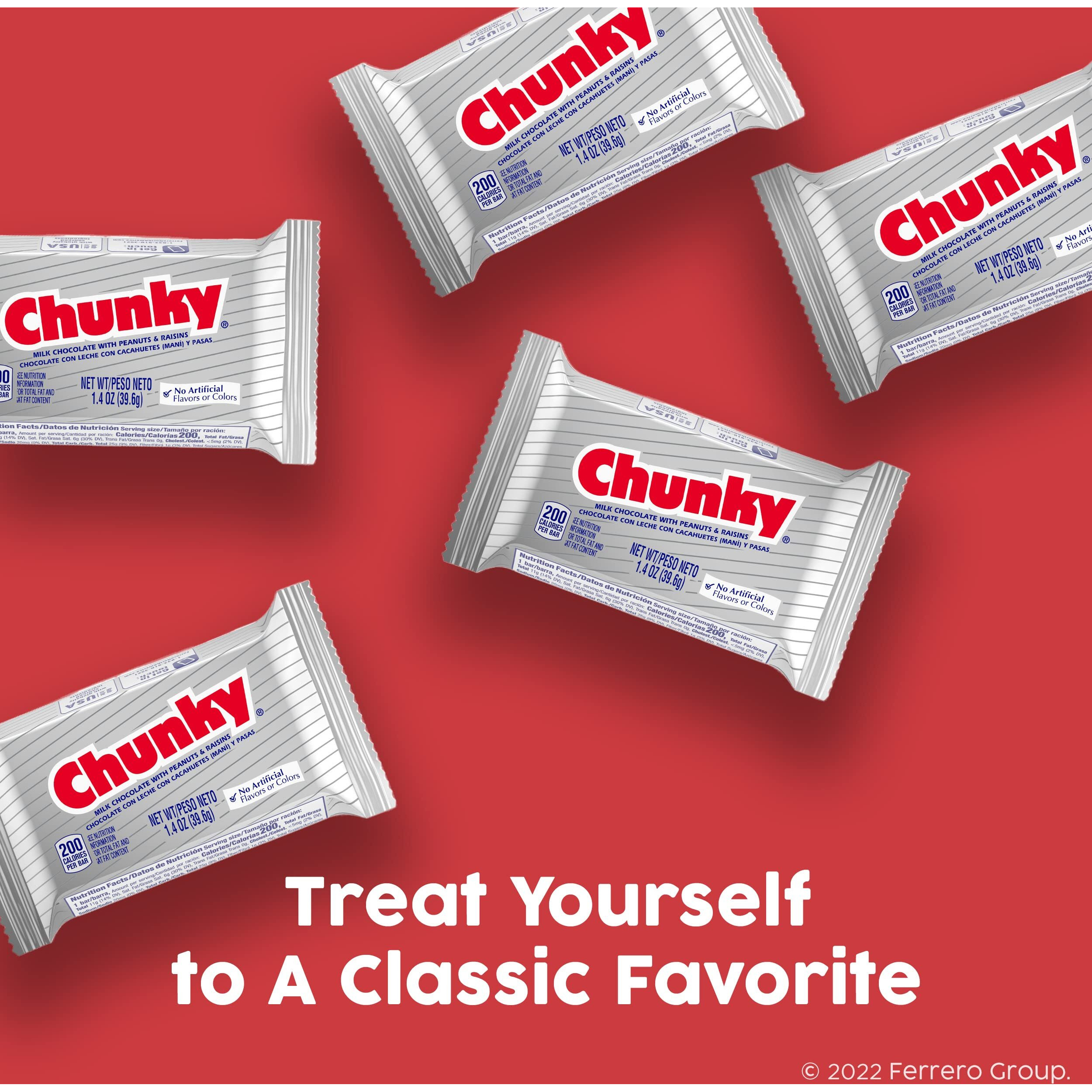 Chunky, Milk Chocolate With Peanuts And Raisins, Individually Wrapped Candy Bar, Share Pack 2.5.Oz Each, Bulk 24 Pack