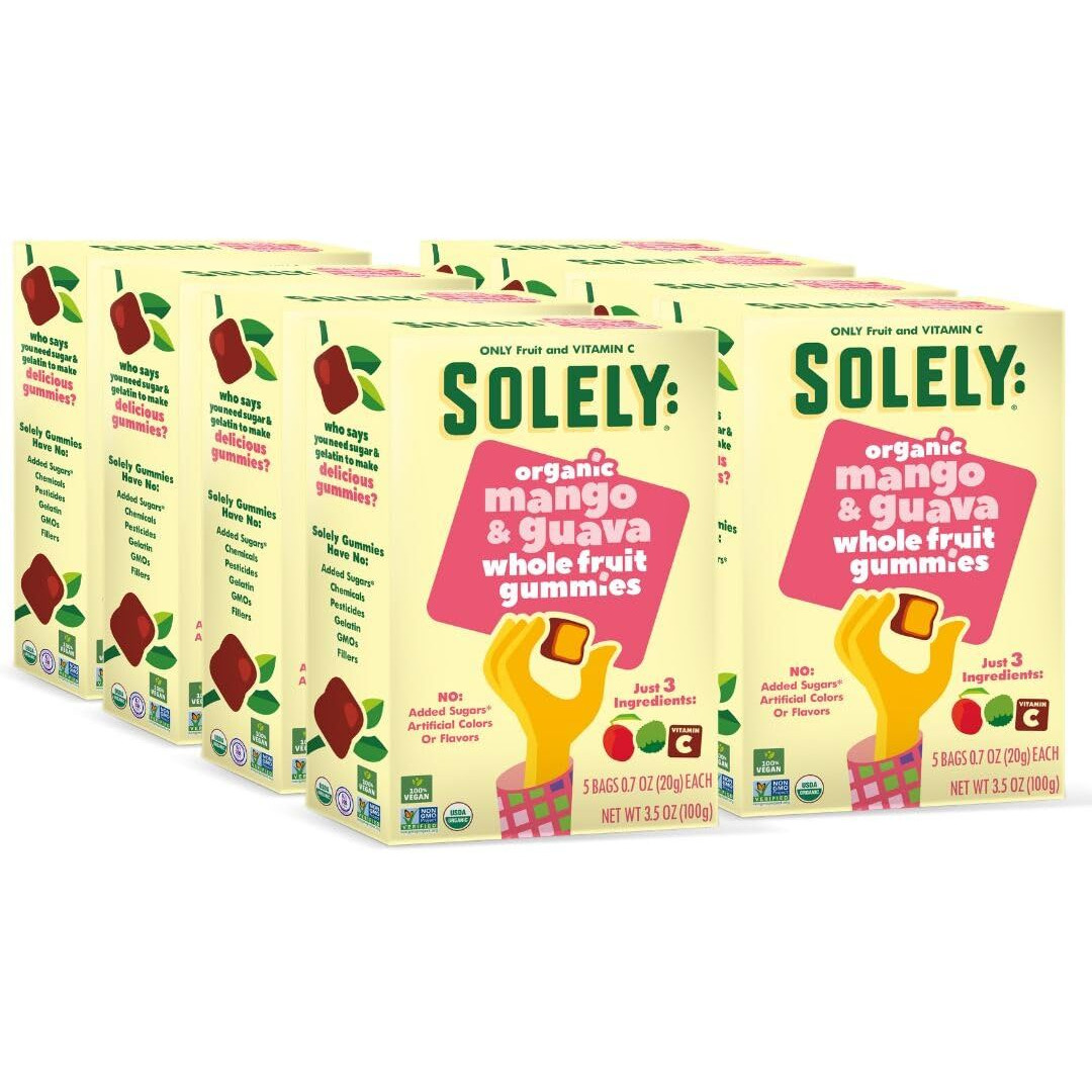 Solely - Organic Mango & Guava Whole Fruit Gummies (Pack Of 8 Boxes, 5 Bags Per Box) - Real Fresh Fruit - Healthy Snacks For Adults & Kids - Non Gmo, Vegan Snacks, Shelf Stable - 40 Bags (3.5 Oz)