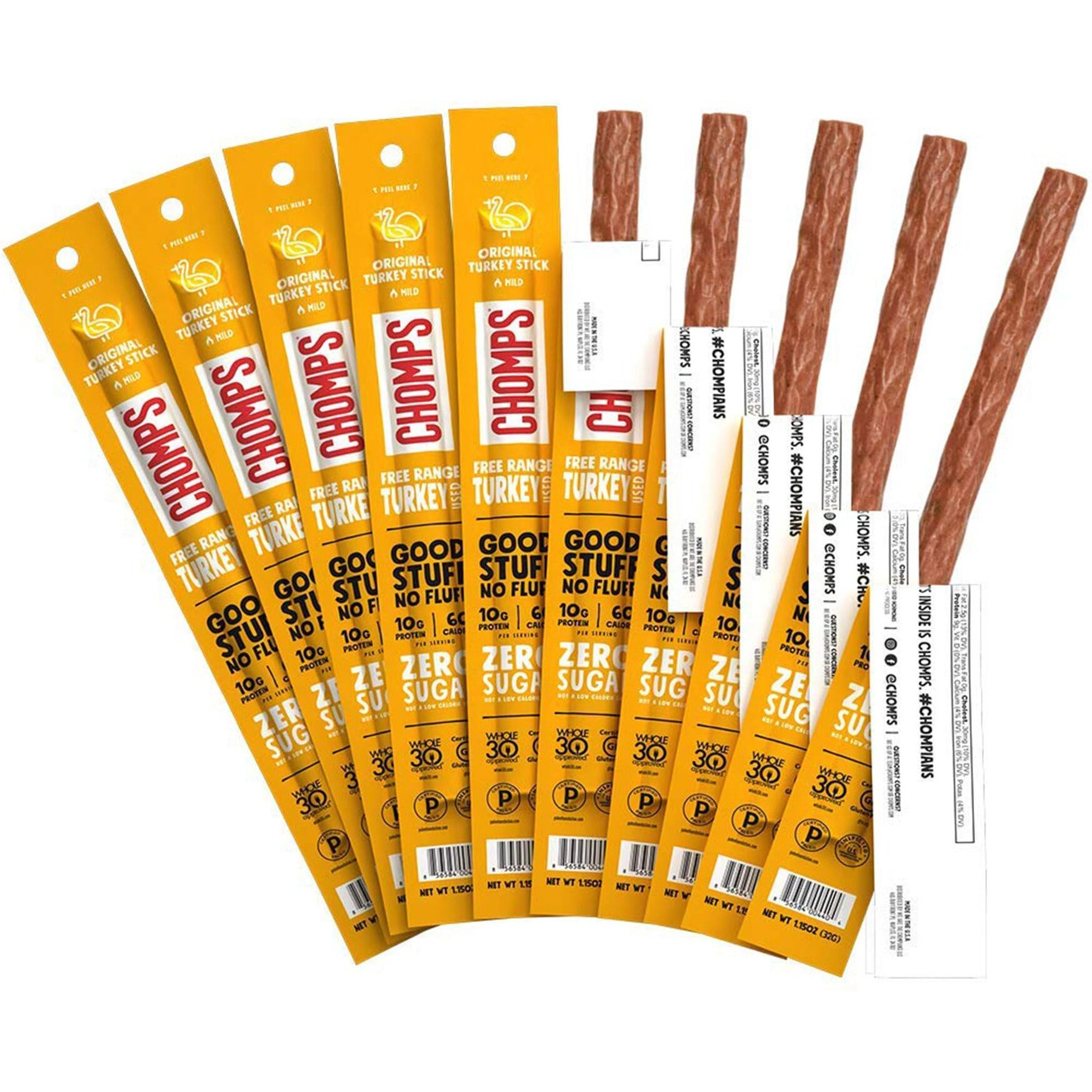 Chomps Free Range Original Turkey Jerky Meat Snack , Keto, Paleo, Whole30 Approved, Low Carb, High Protein, Sugar/Gluten Free, Non-Gmo, 60 Calories 1.15 Oz Sticks, 10 Pack