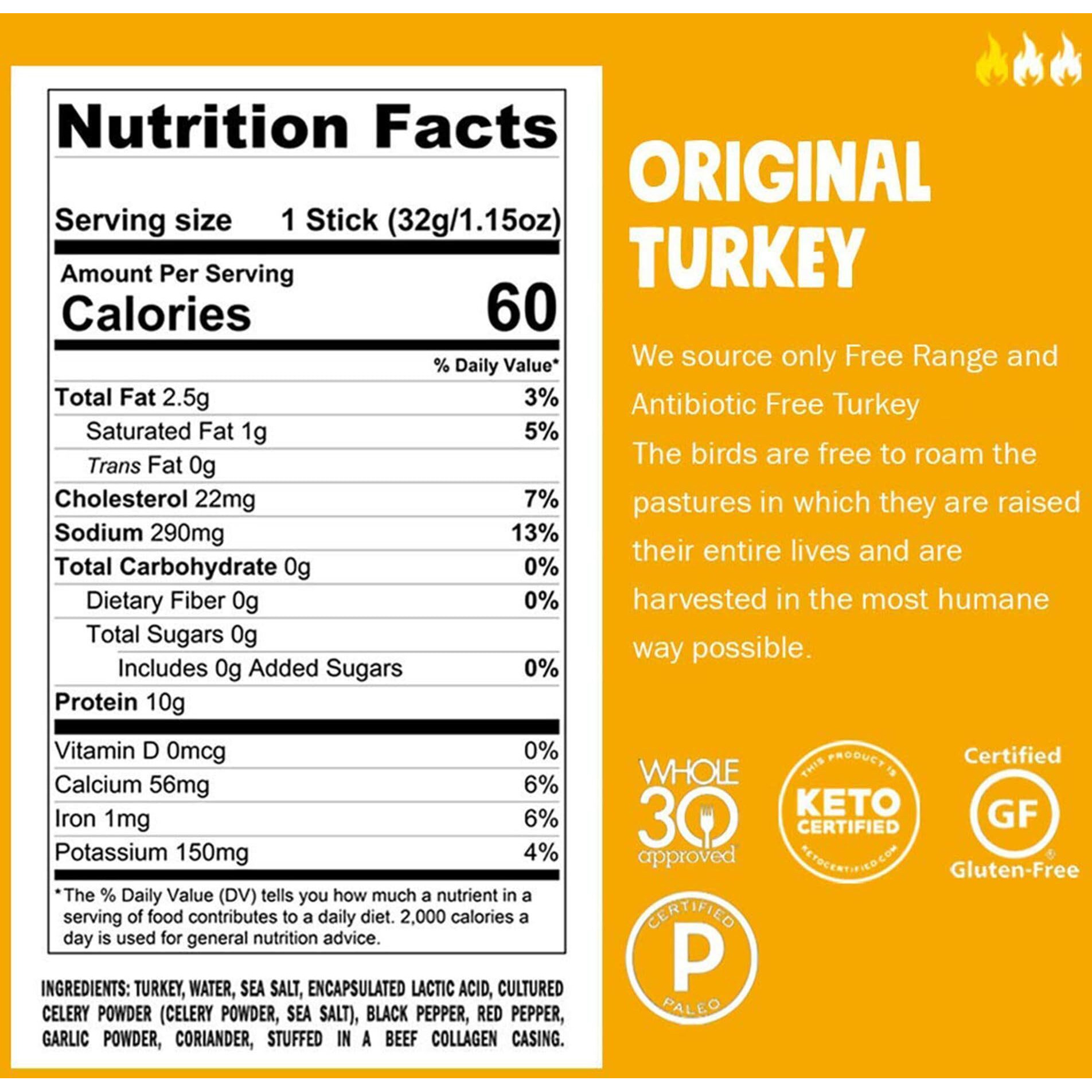 Chomps Free Range Original Turkey Jerky Meat Snack , Keto, Paleo, Whole30 Approved, Low Carb, High Protein, Sugar/Gluten Free, Non-Gmo, 60 Calories 1.15 Oz Sticks, 10 Pack