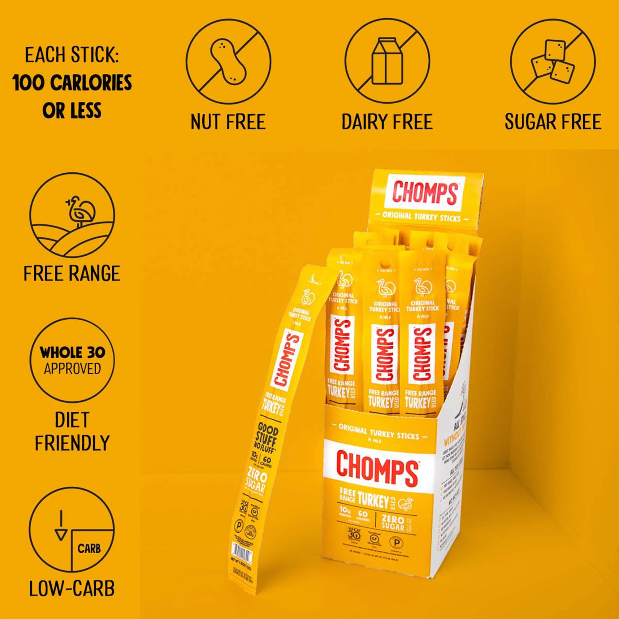 Chomps Free Range Original Turkey Jerky Meat Snack , Keto, Paleo, Whole30 Approved, Low Carb, High Protein, Sugar/Gluten Free, Non-Gmo, 60 Calories 1.15 Oz Sticks, 10 Pack