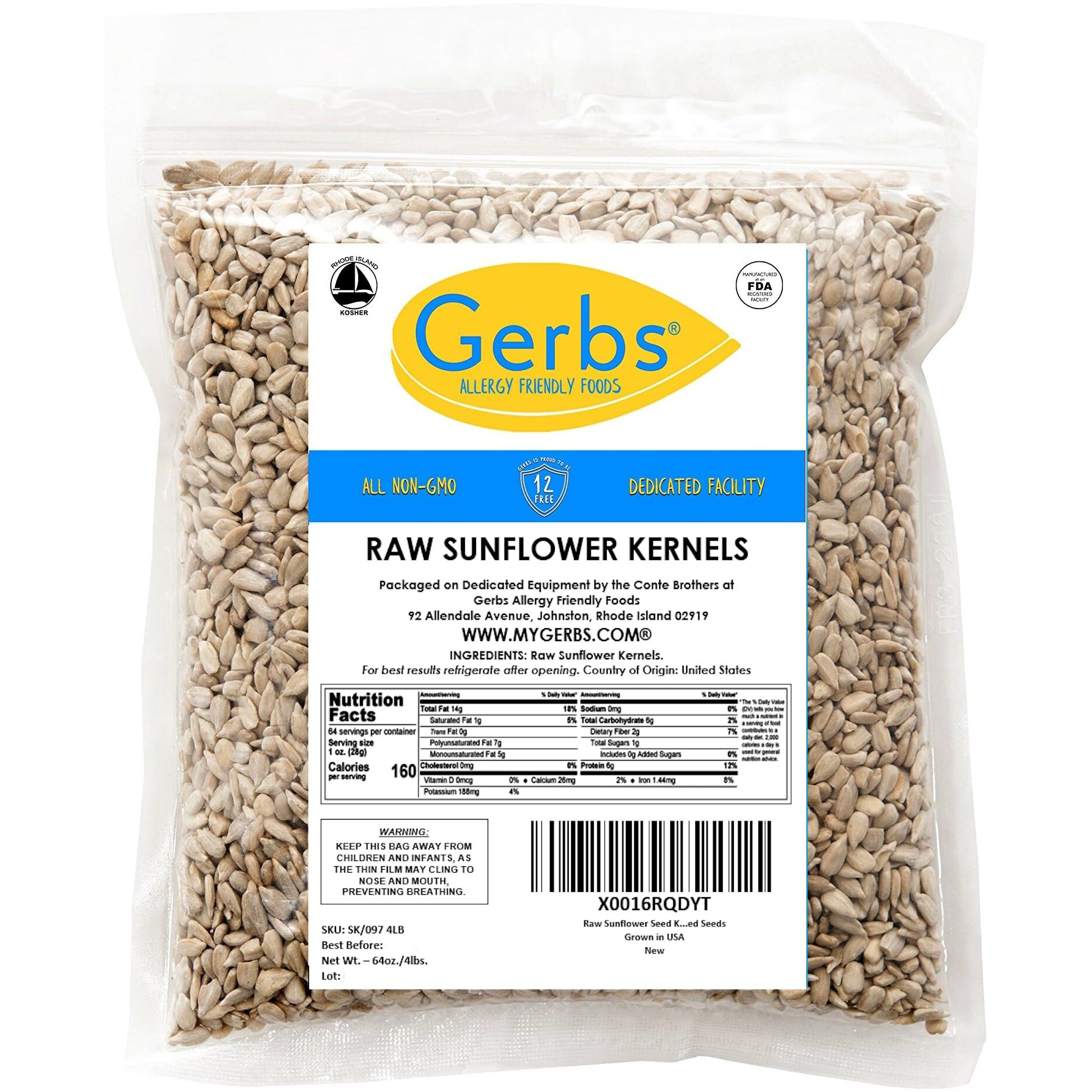 Gerbs Raw Sunflower Seed Kernels 4 Lbs. Zipper Bag | Top 14 Allergn Free | Use In Salads, Yogurt, Cereal, Oatmeal, Trail Mix | Grown In United States