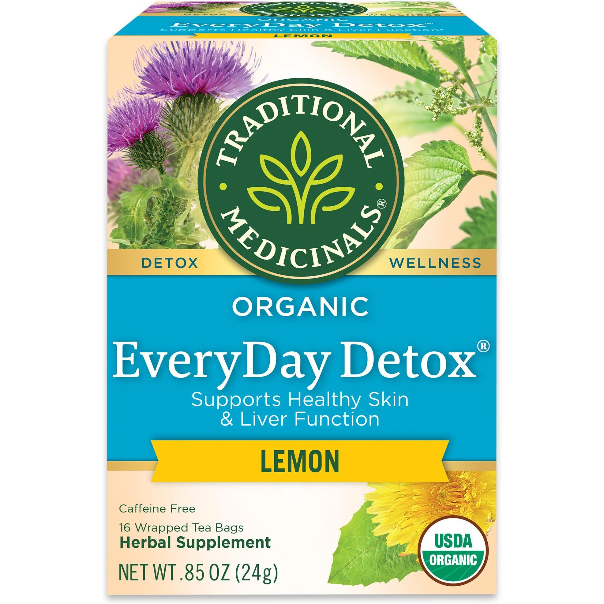 Traditional Medicinals Organic Everyday Detox Lemon Herbal Tea, Supports Healthy Skin & Liver Function, (Pack Of 1) - 16 Tea Bags
