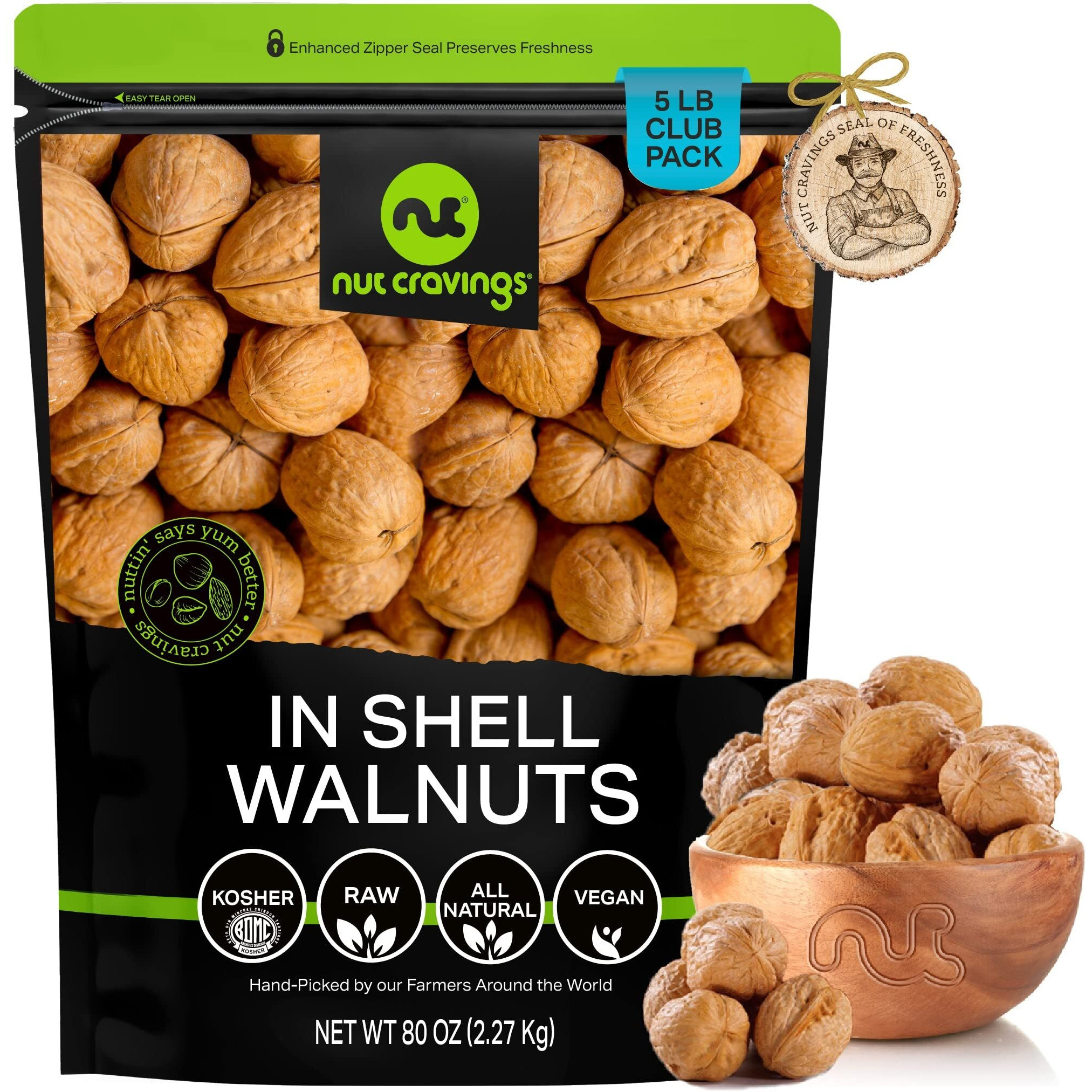 Nut Cravings - Raw Walnuts In Shell, Whole, (80Oz - 5 Lb) Packed Fresh In Resealable Bag - Nut Snack - Healthy Protein Food, All Natural, Keto, Vegan, Kosher Ideal For Trail Mixed Nuts