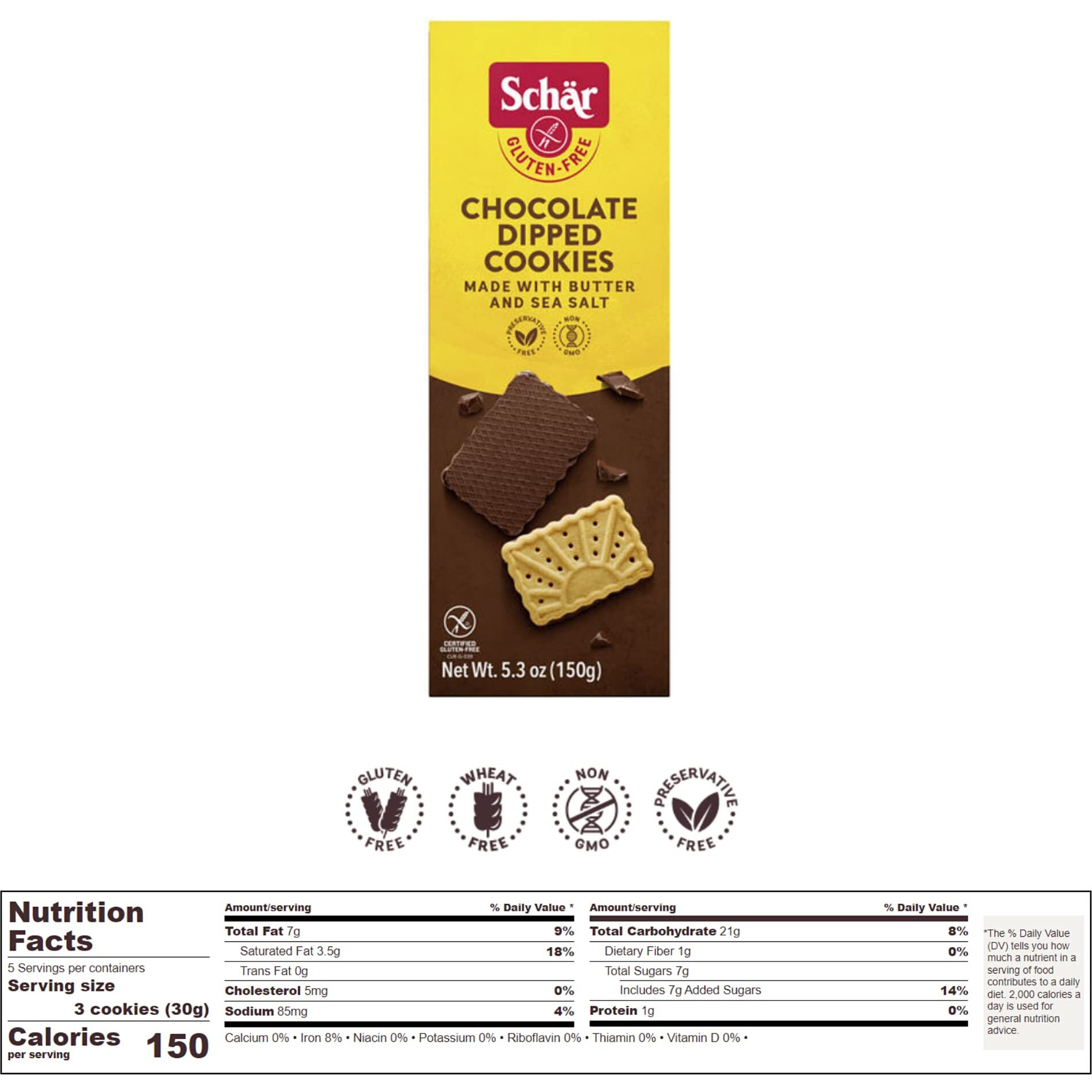 Schar - Chocolate Dipped Cookies - Certified Gluten Free - No Gmo's, Perservatives Or Wheat - (5.03 Oz) 4 Pack