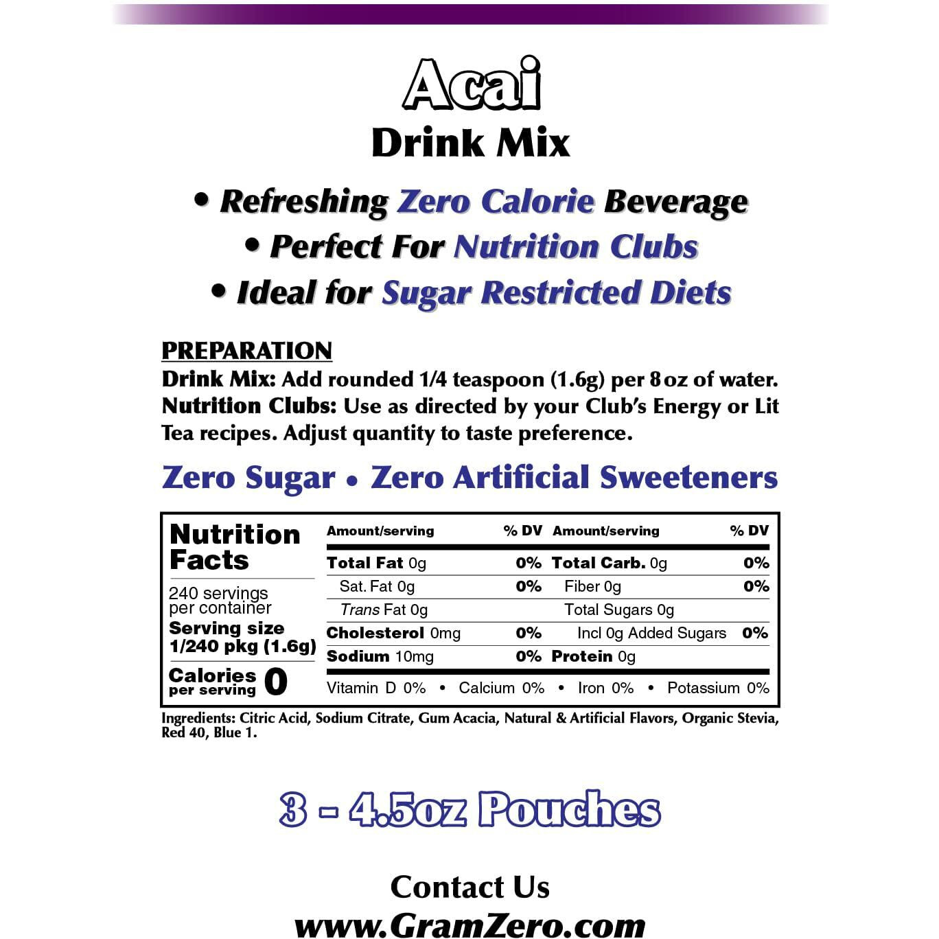 Gramzero Acai Zero Calorie Sugar Free Drink Mix, Great For Nutrition Club Loaded Tea, Stevia Sweetened