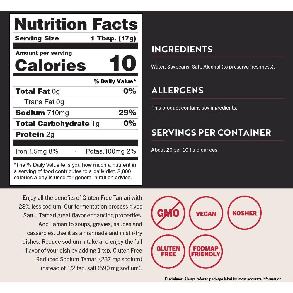 San-J - Gluten Free Tamari Soy Sauce With 28% Less Sodium - Specially Brewed - Made With 100% Soy - 10 Oz. Bottle