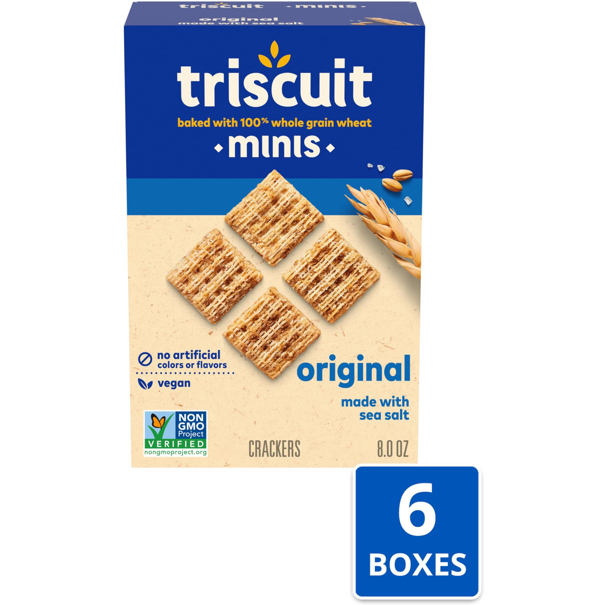 Triscuit Minis Original Whole Grain Wheat Crackers, Vegan Crackers, 6 - 8 Oz Boxes