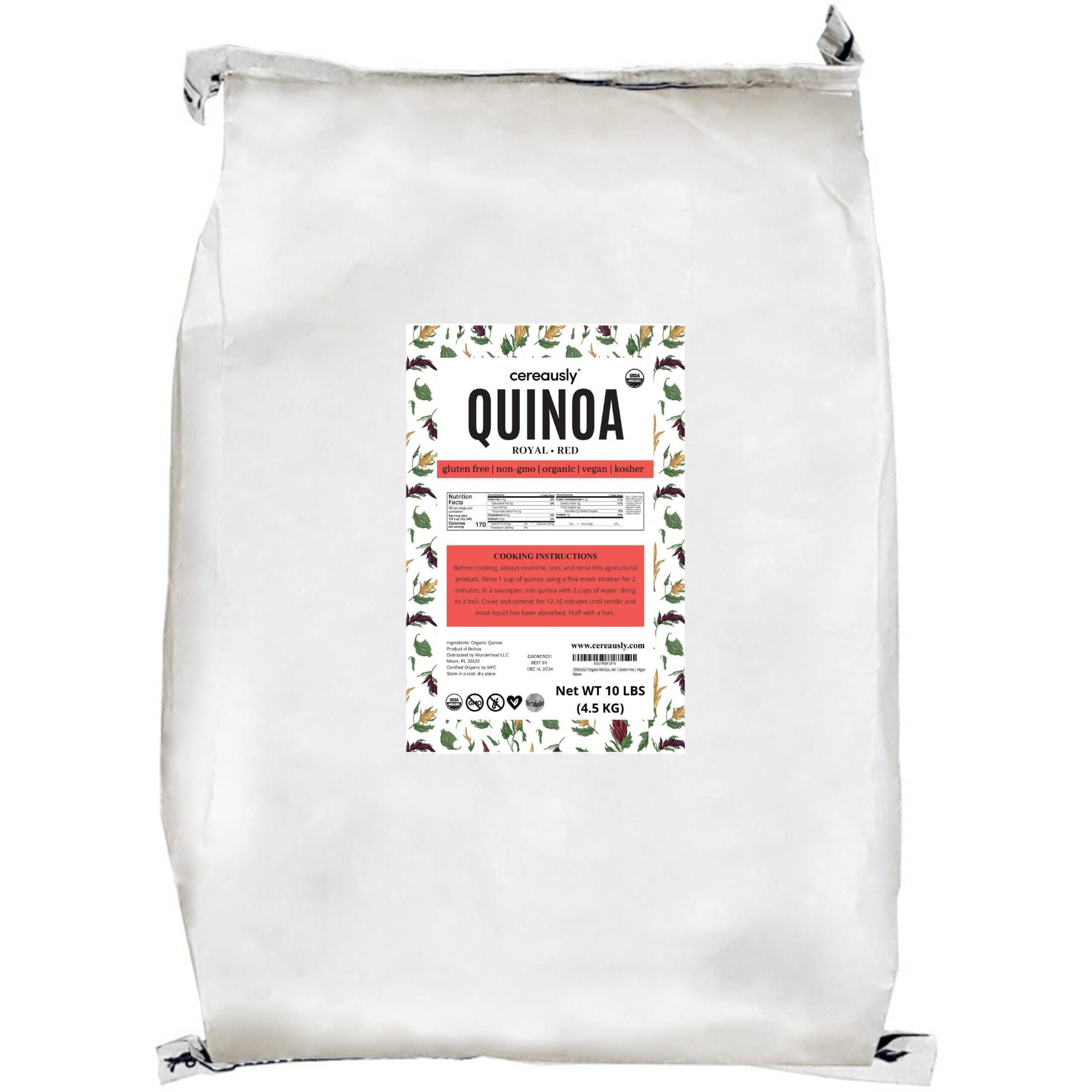 Cereausly Organic Red Quinoa - Premium Royal Quinoa From Bolivia - Kosher And Non-Gmo Quinoa Bulk - Vegan And Gluten-Fee Cooking Quinoa - 10 Lb