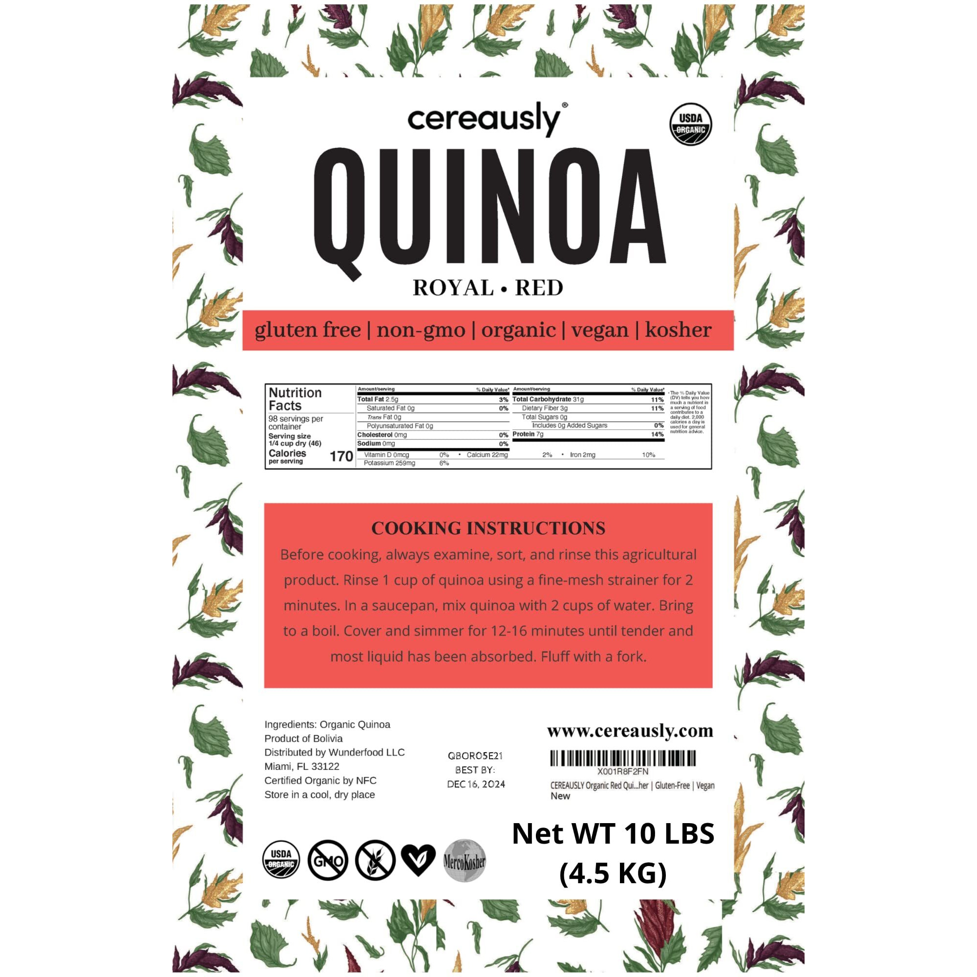Cereausly Organic Red Quinoa - Premium Royal Quinoa From Bolivia - Kosher And Non-Gmo Quinoa Bulk - Vegan And Gluten-Fee Cooking Quinoa - 10 Lb