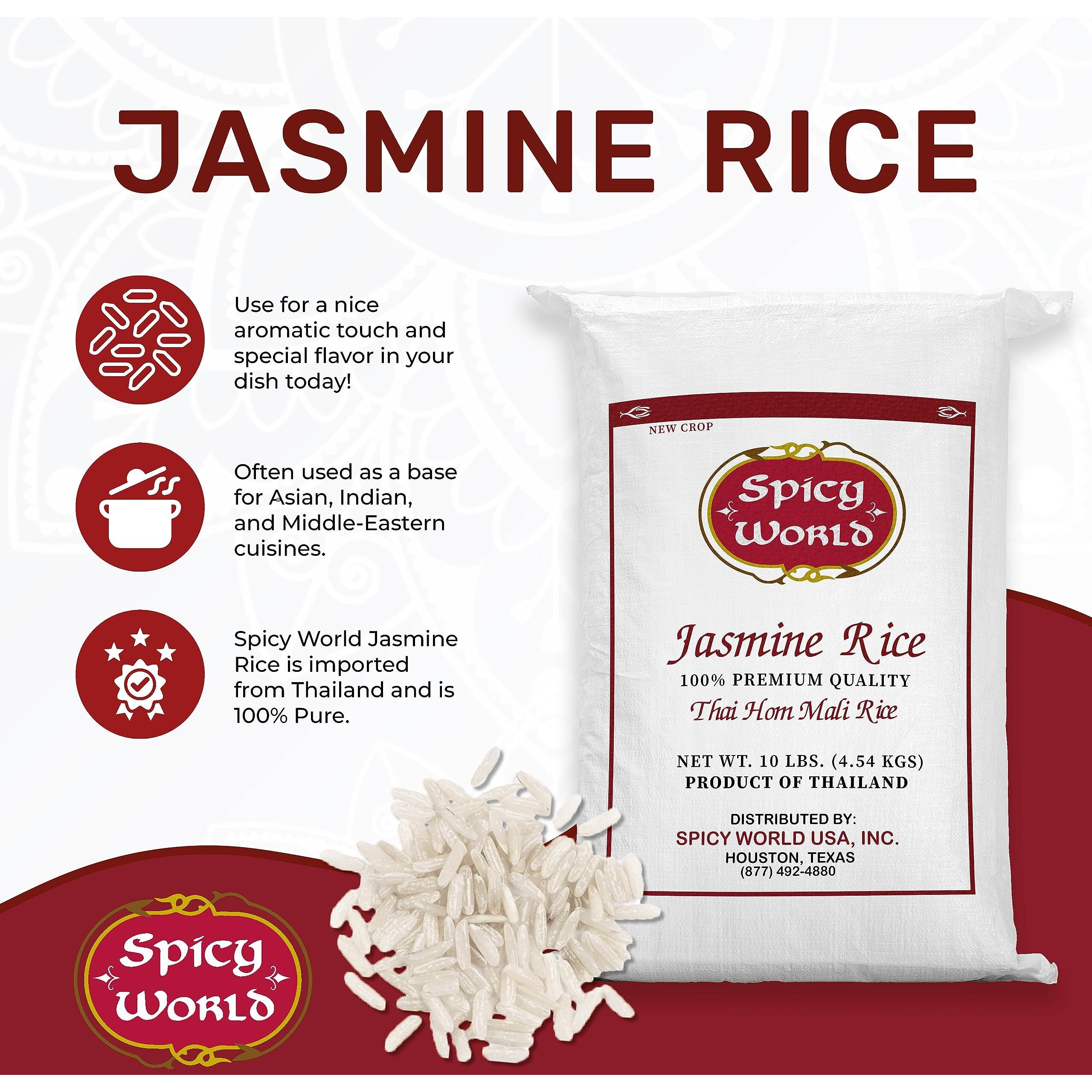 Spicy World Jasmine Rice 10 Pound Bag - Thai Hom Mali Premium Variety ~ By Spicy World
