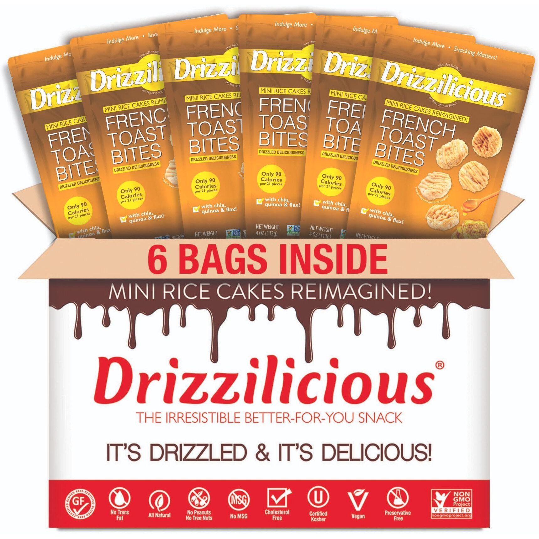 Drizzilicious Mini Rice Cakes French Toast - Rice Crisps, Healthy Snack For Adults And Kids, Flavored Rice Cakes, Vegan, Gluten Free, Allergen Free, Only 90 Calories Per Serving - 4 Oz (Pack Of 6)