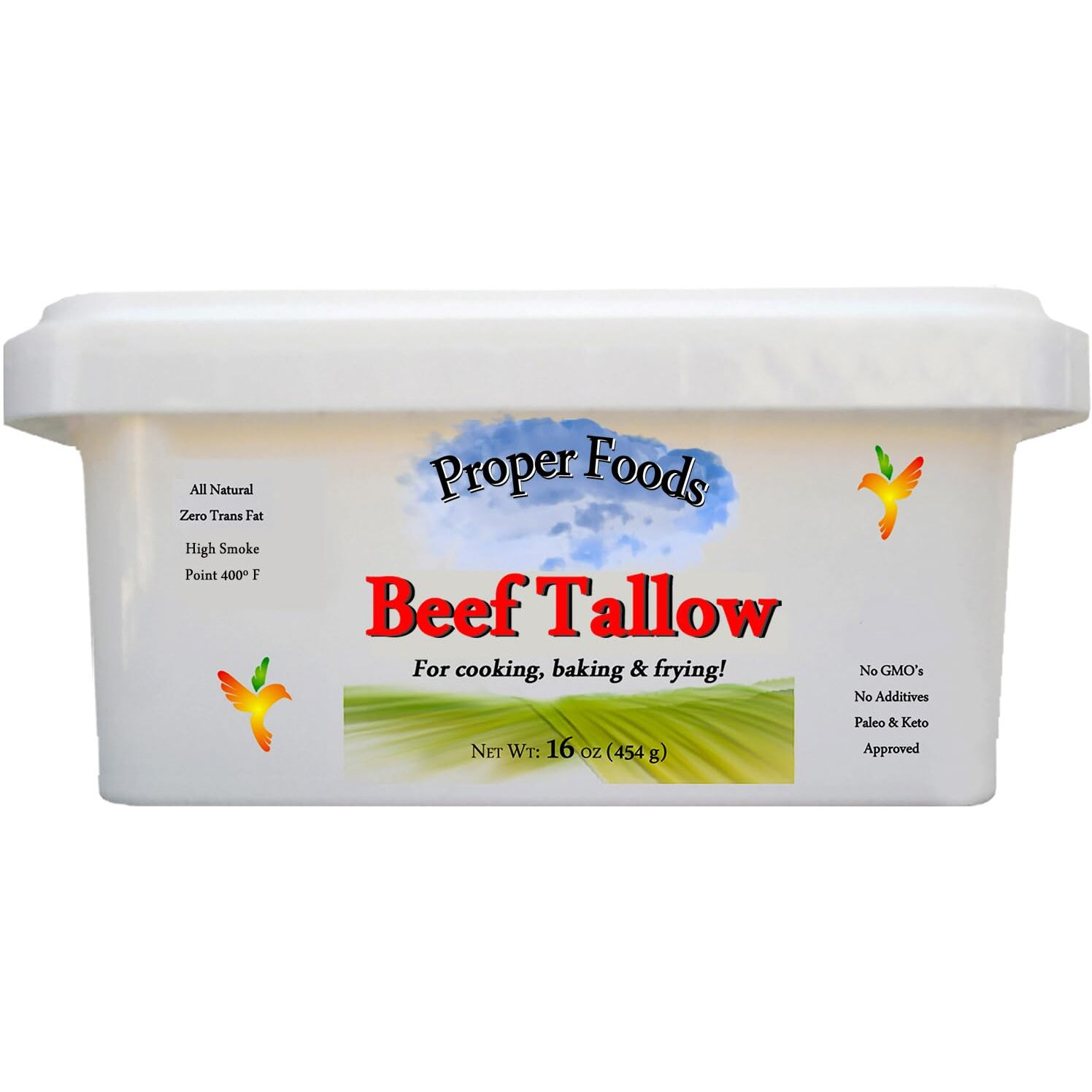 Proper Foods 100% Grass-Fed Beef Tallow - Pasture Raised - For Cooking, Baking & Frying - 16 Oz