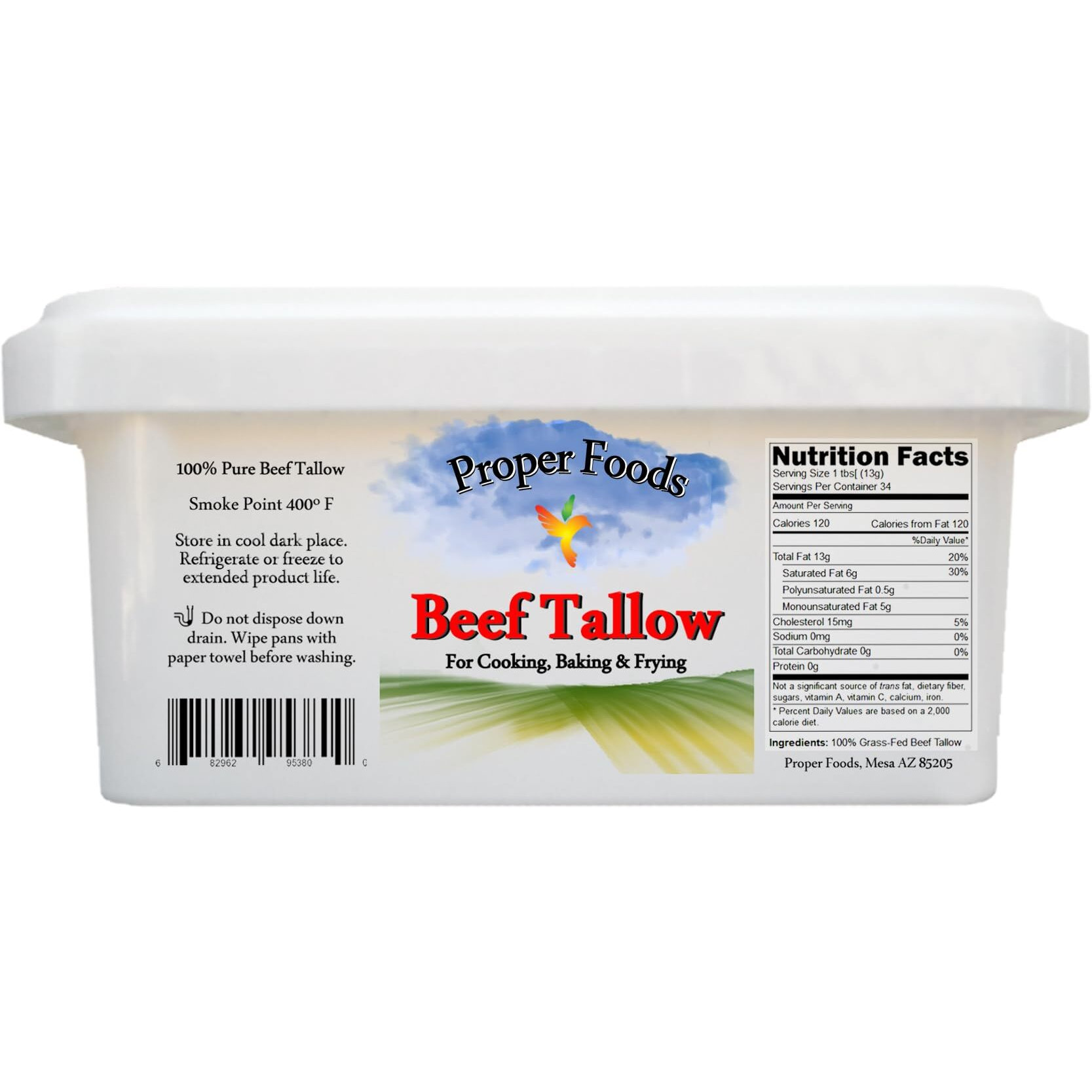 Proper Foods 100% Grass-Fed Beef Tallow - Pasture Raised - For Cooking, Baking & Frying - 16 Oz