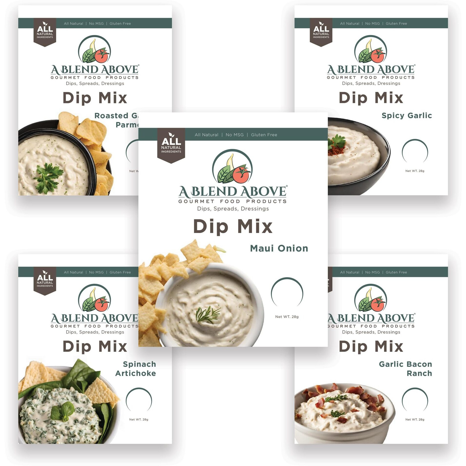 A Blend Above Best Sellers Dip Mix 5 Pack Includes Roasted Garlic Parmesan, Maui Onion, Garlic Bacon Ranch, Spicy Garlic, And Spinach Artichoke