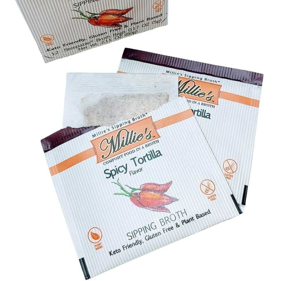 Millies Sipping Broth - Vegetable Broth -Natural-Gluten Free-Keto Friendly Spicy Tortilla 12 Count Box (2-Pack)