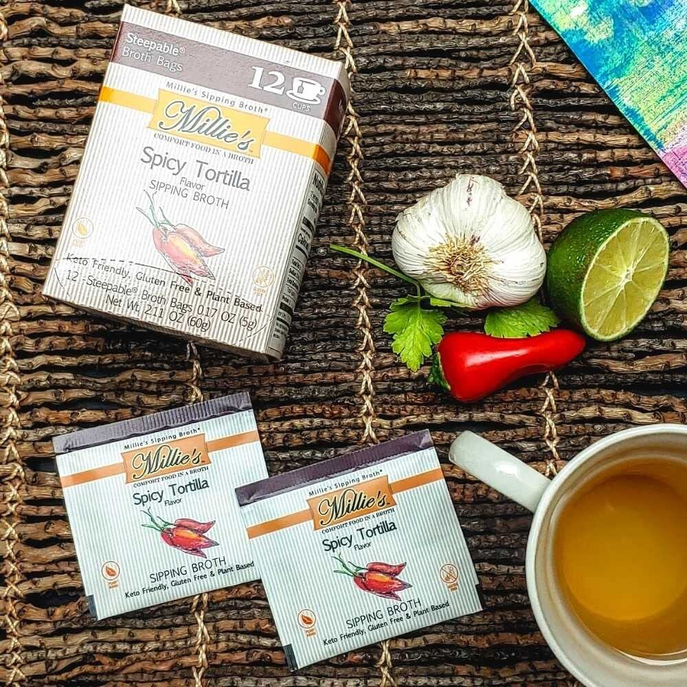 Millies Sipping Broth - Vegetable Broth -Natural-Gluten Free-Keto Friendly Spicy Tortilla 12 Count Box (2-Pack)