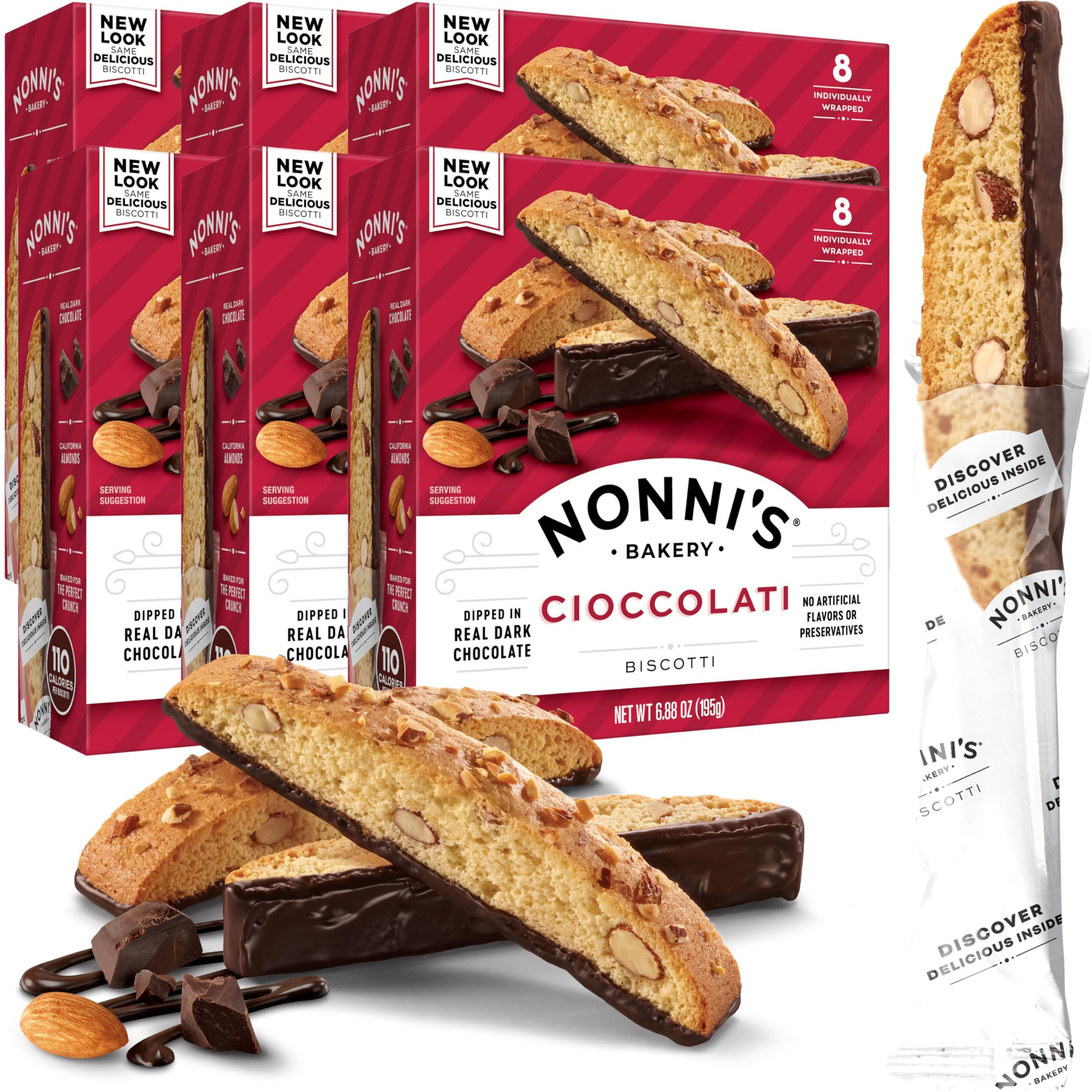 Nonni's Cioccolati Almond Biscotti Italian Cookies - 6 Boxes Biscotti Individually Wrapped Cookies - Italian Biscotti Cookies W/California Almonds & Dark Chocolate - Kosher Coffee Cookies - 6.88 Oz