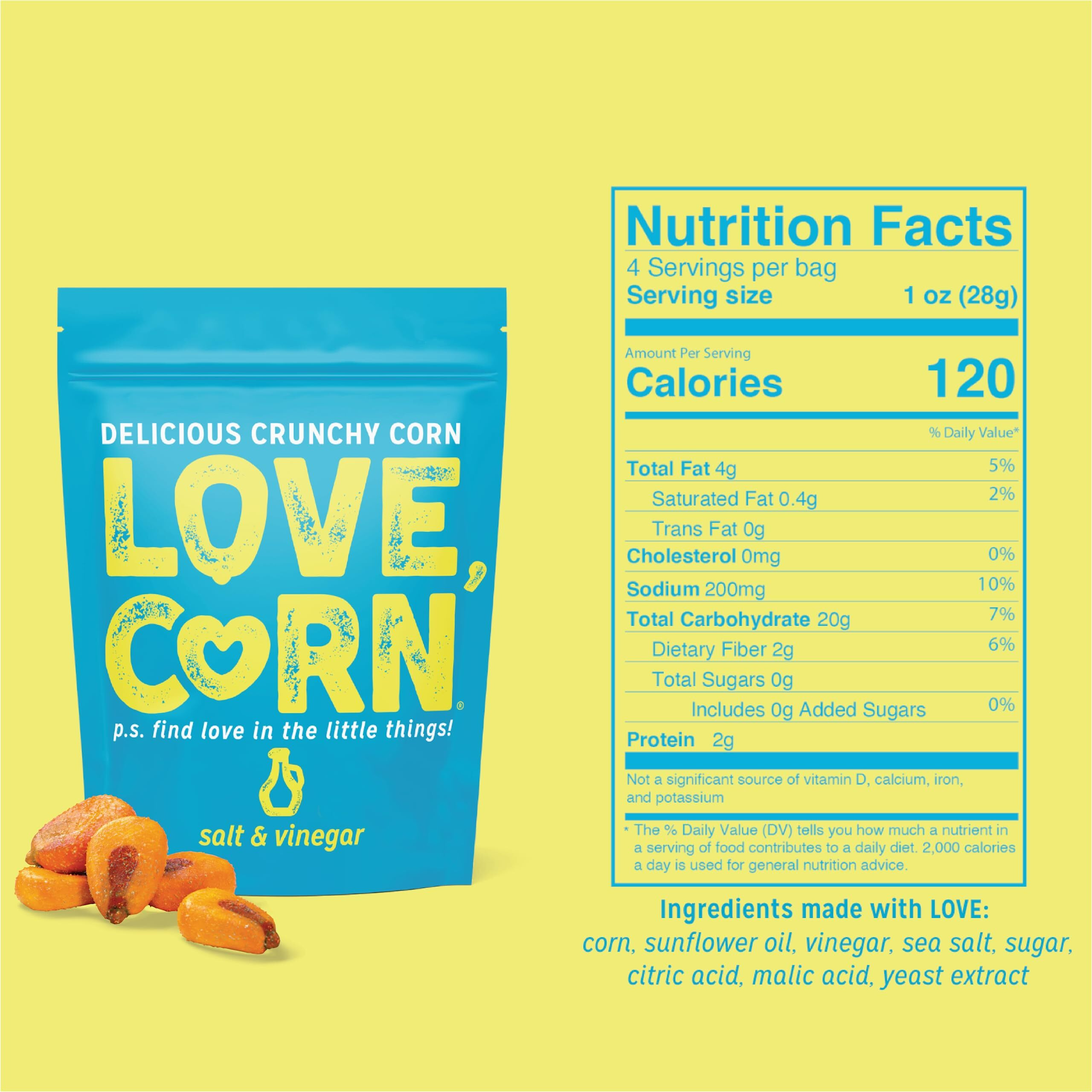 Love Corn Salt & Vinegar | Crunchy Corn - Gluten-Free - Plant Based & Vegan - Healthy Snack - Low Sugar - Non Gmo - (Box Of 6 Bags, 4Oz Each)