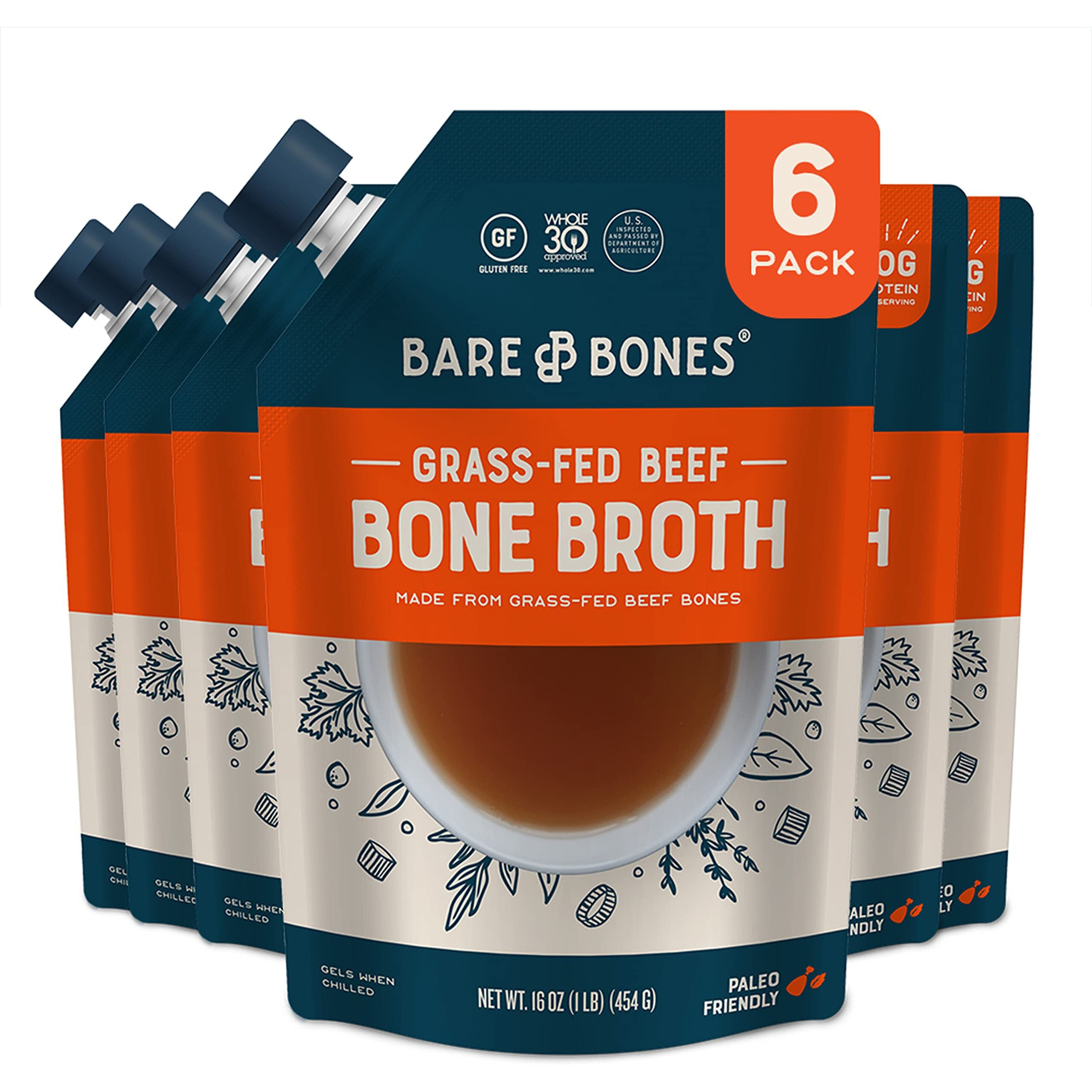 Bare Bones Beef Bone Broth For Cooking And Sipping, 16 Oz, Pack Of 6, Protein And Collagen Rich, Keto Friendly