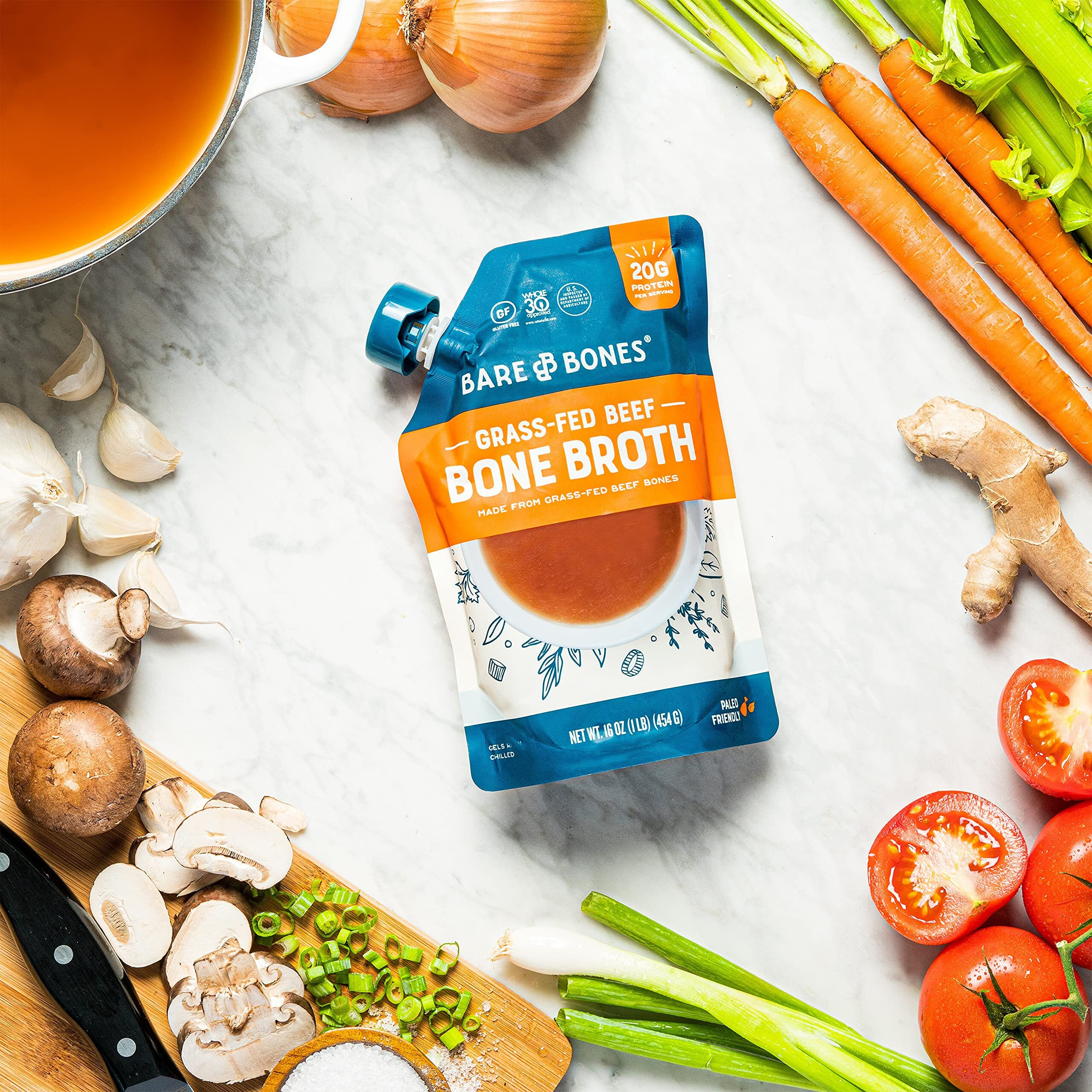 Bare Bones Beef Bone Broth For Cooking And Sipping, 16 Oz, Pack Of 6, Protein And Collagen Rich, Keto Friendly