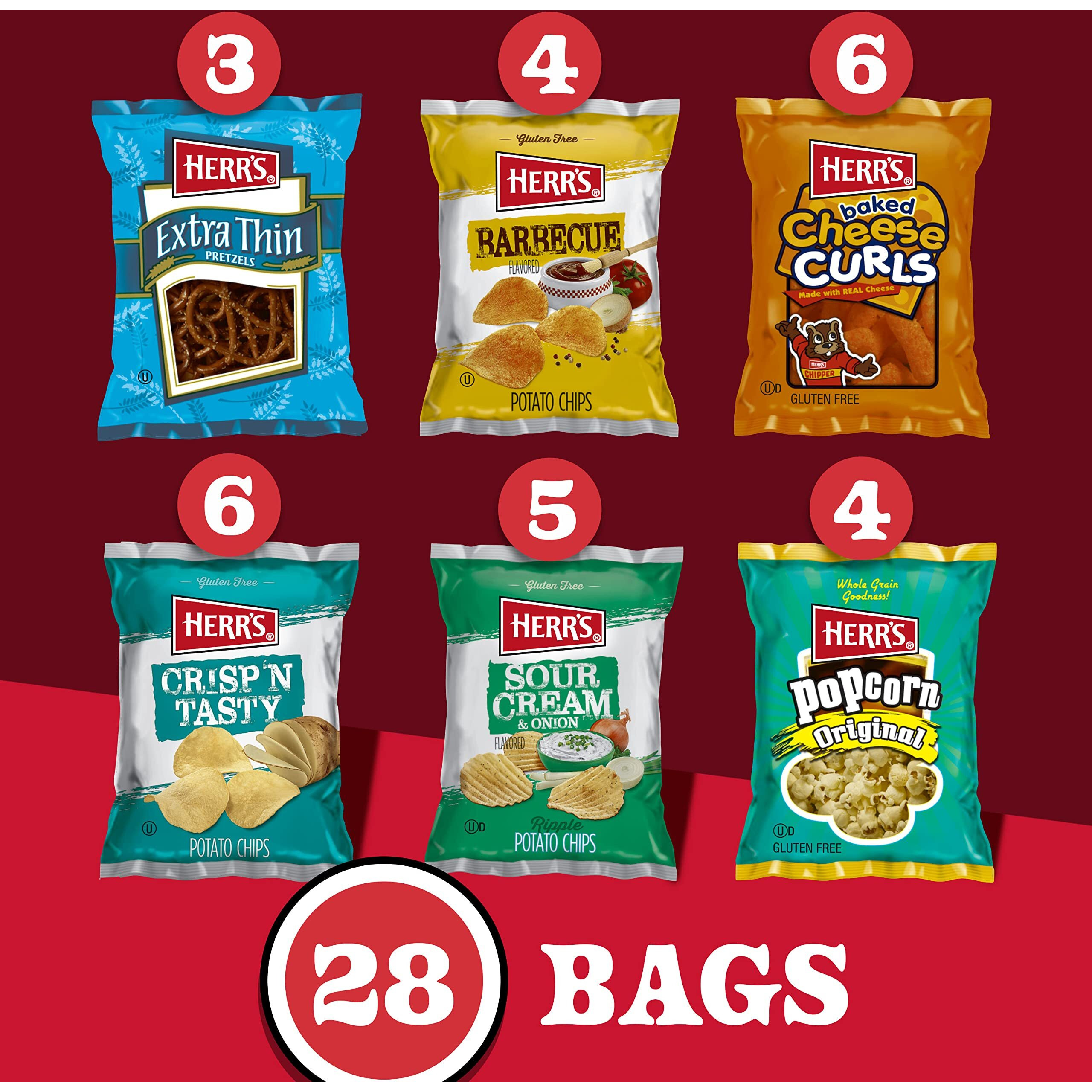 Herrs Snacks Variety Pack, Potato Chips, Pretzels, Popcorn, Cheese Curls, 26Oz Box (28 Bags)