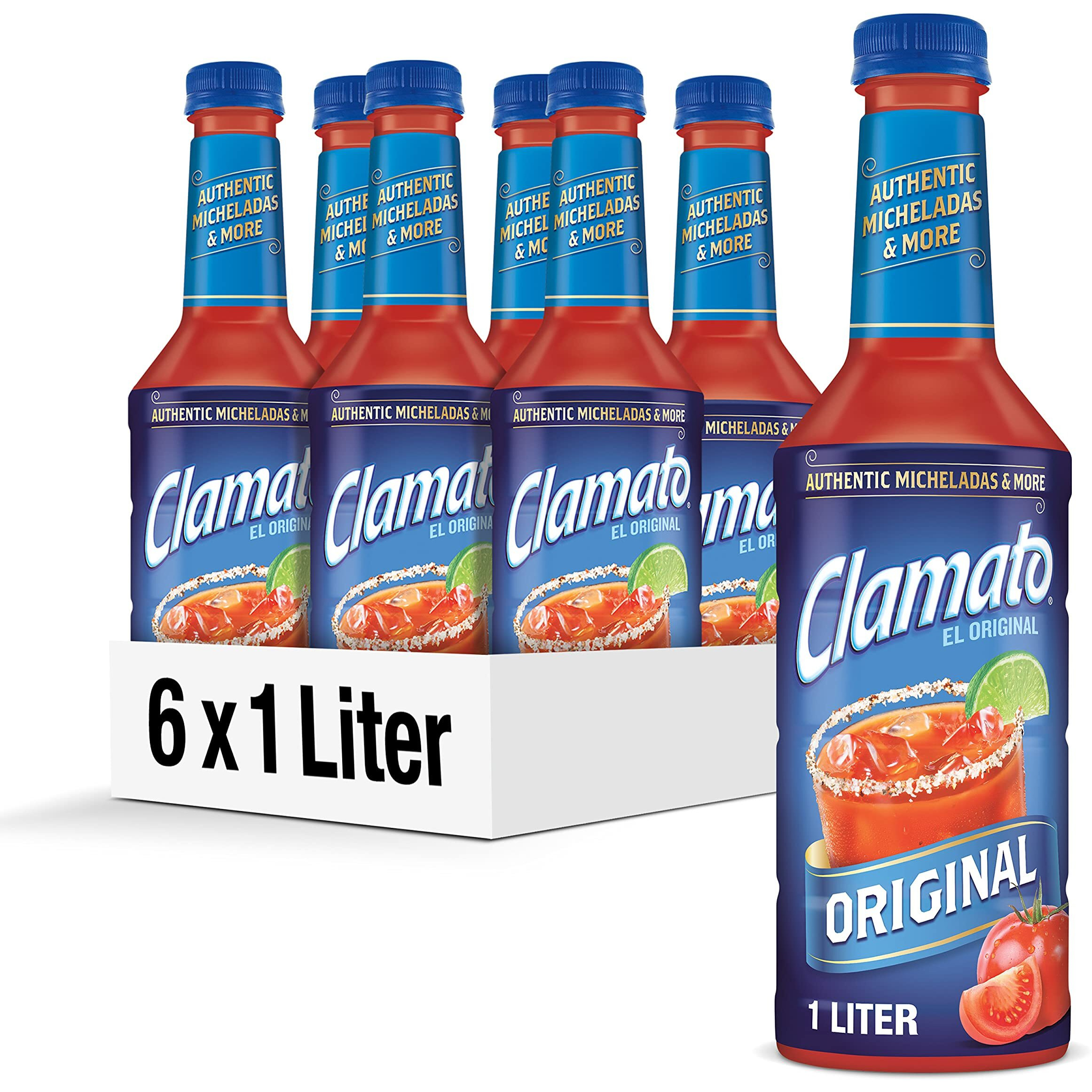 Clamato Original Tomato Cocktail, 1 L Bottle (Pack Of 6), Flavored With Tomato Juice & Spices, Perfect Mixer For The Authentic Michelada, Bloody Mary Drinks, And Seafood Cocktail