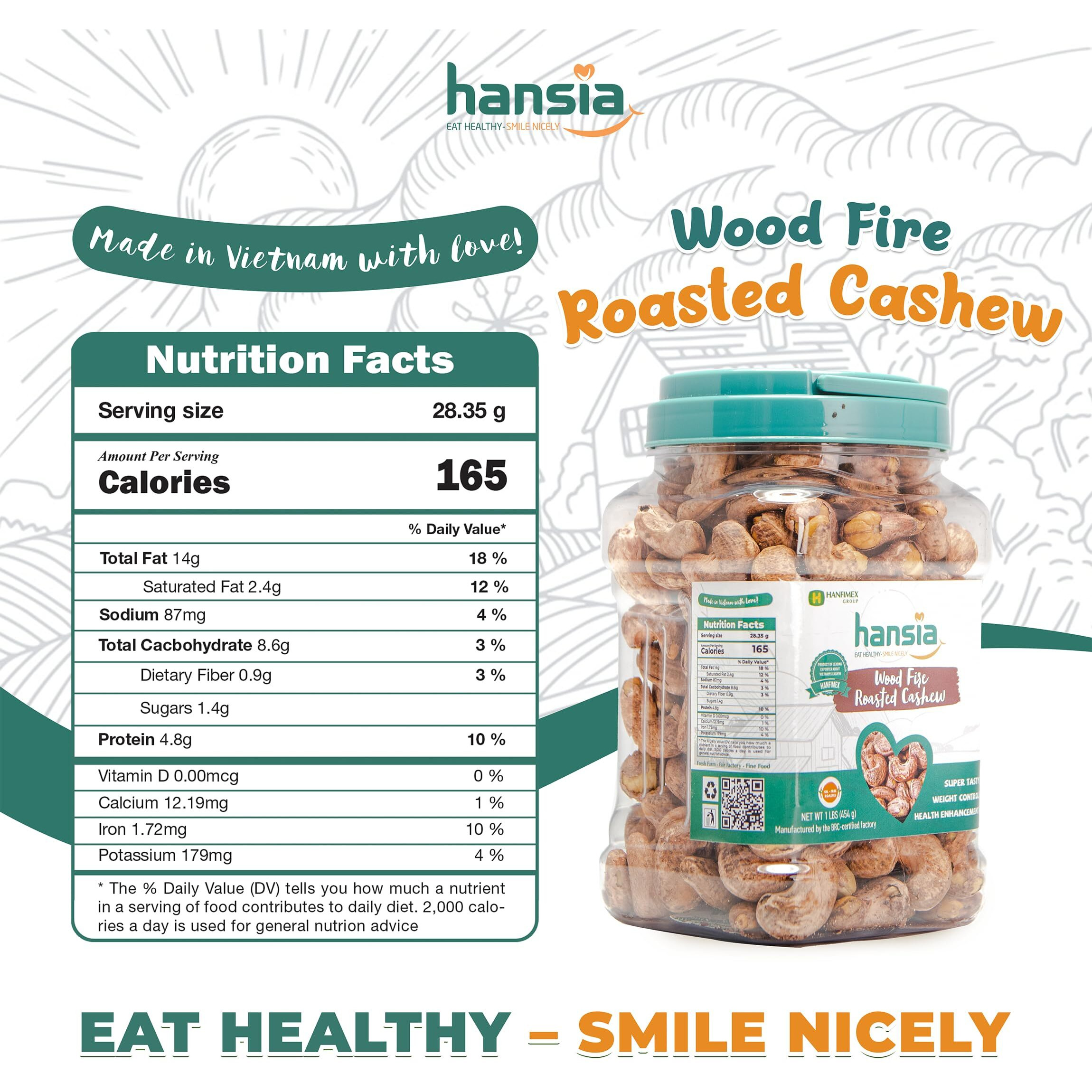 Hansia Wood Fire Roasted Cashew, Oil-Free Snack, Whole Roasted Cashew With Skin Superfood, Good Source Of Magnesium & Natural Fiber, Protein, Vitamin And Iron |Gift Giving (Roasted Cashew, 1 Pound (Pack Of 1))