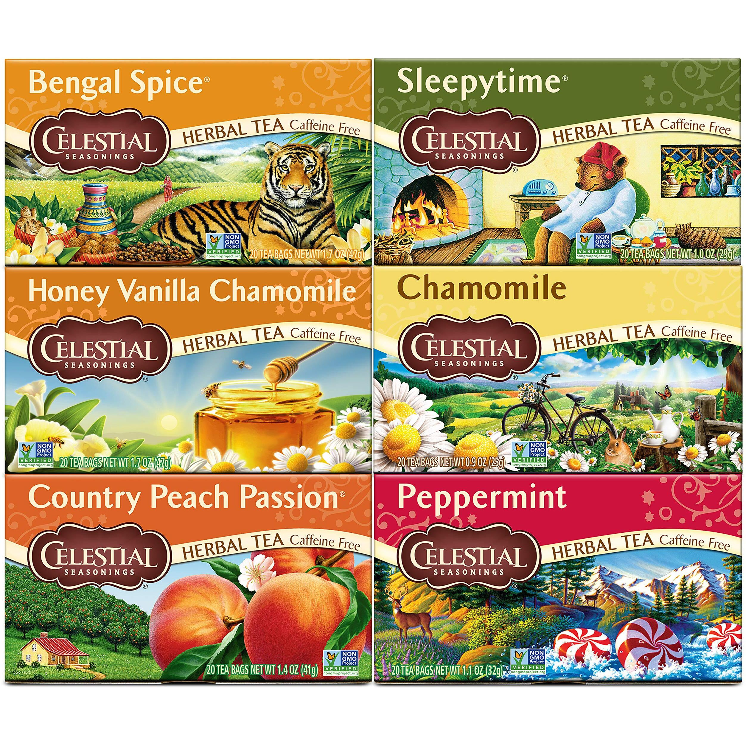 Celestial Seasonings Herbal Tea Variety Pack, Bengal Spice, Sleepytime, Honey Vanilla Chamomile, Country Peach Passion, Peppermint & Chamomile, Caffeine Free, 20 Tea Bags (Pack Of 6)