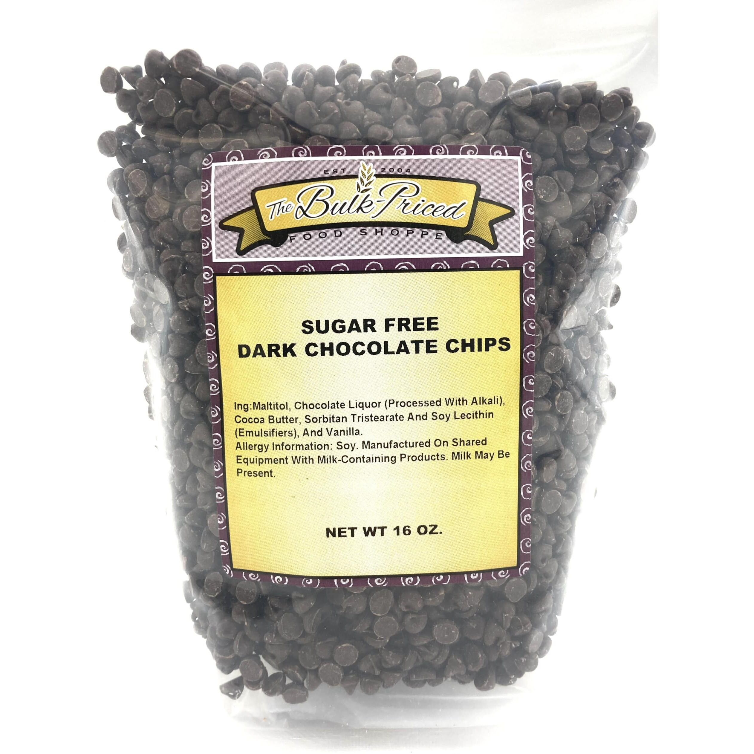 Sugar Free Dark Chocolate Chips, (1Lb Resealable Zip Lock Bag)