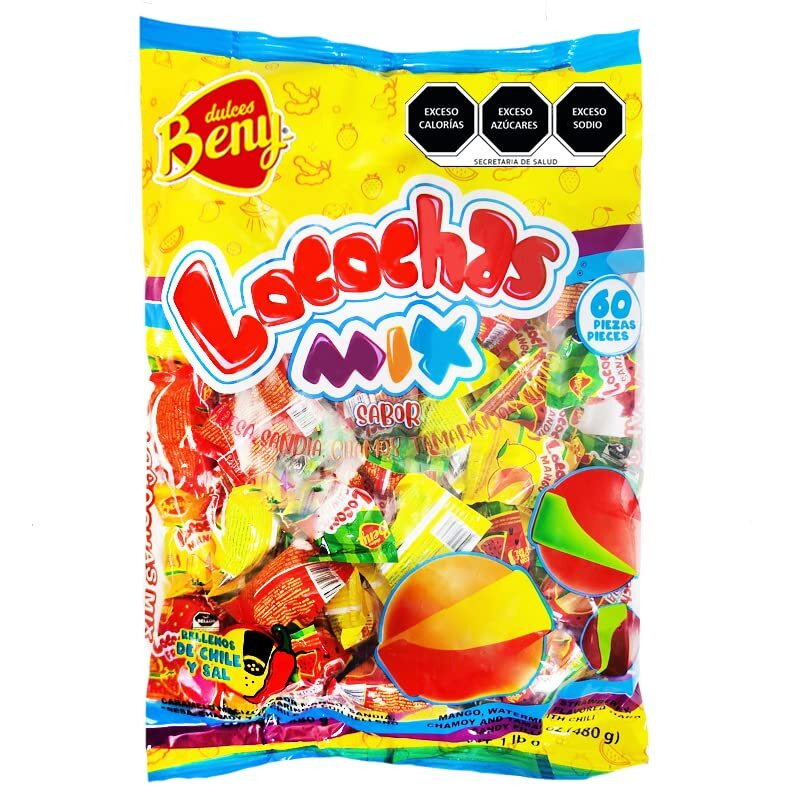Beny Locochas Hard Sugar Candy With Chili Powder Center Mix Flavors 1Lb .093 Oz Bag 60 Pcs