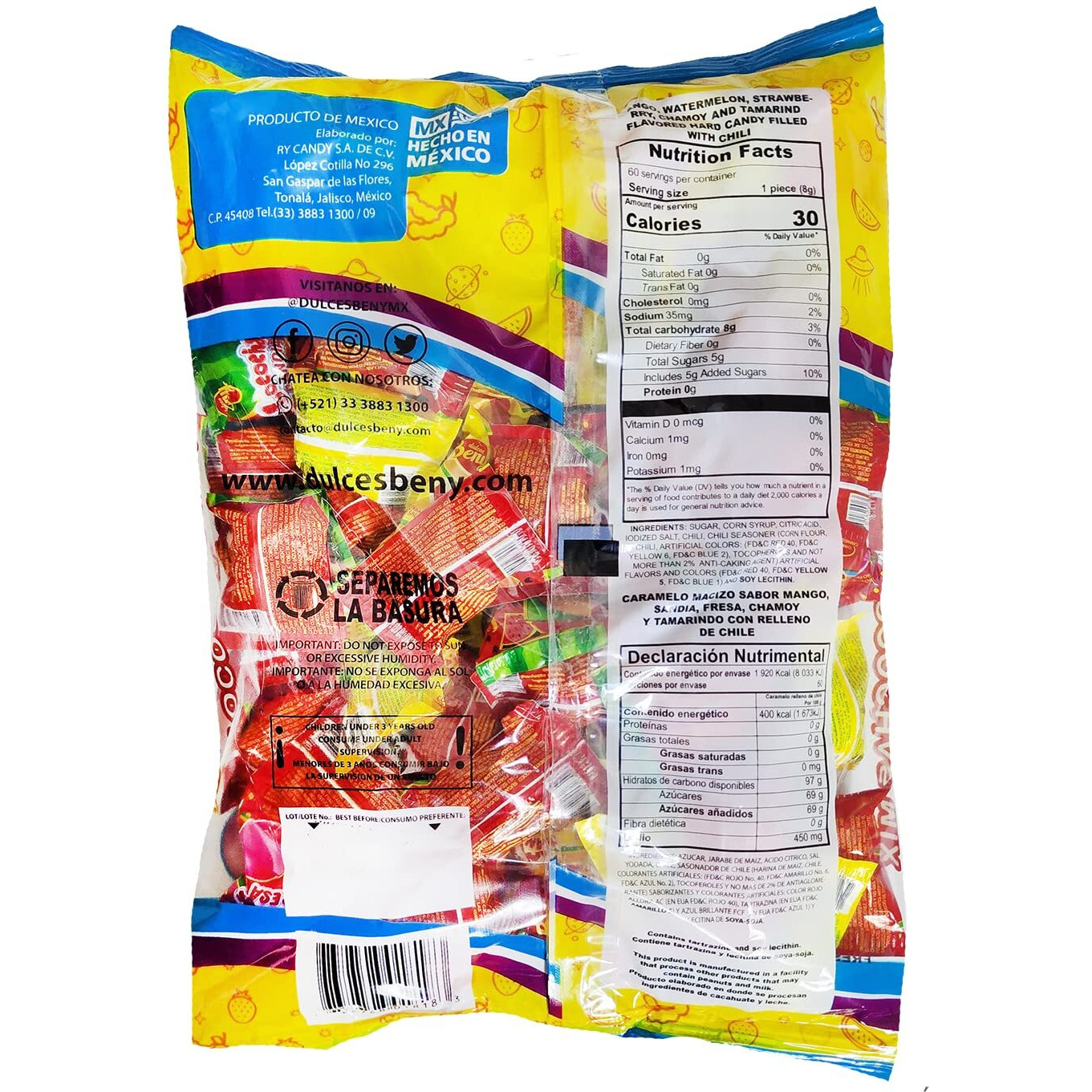 Beny Locochas Hard Sugar Candy With Chili Powder Center Mix Flavors 1Lb .093 Oz Bag 60 Pcs