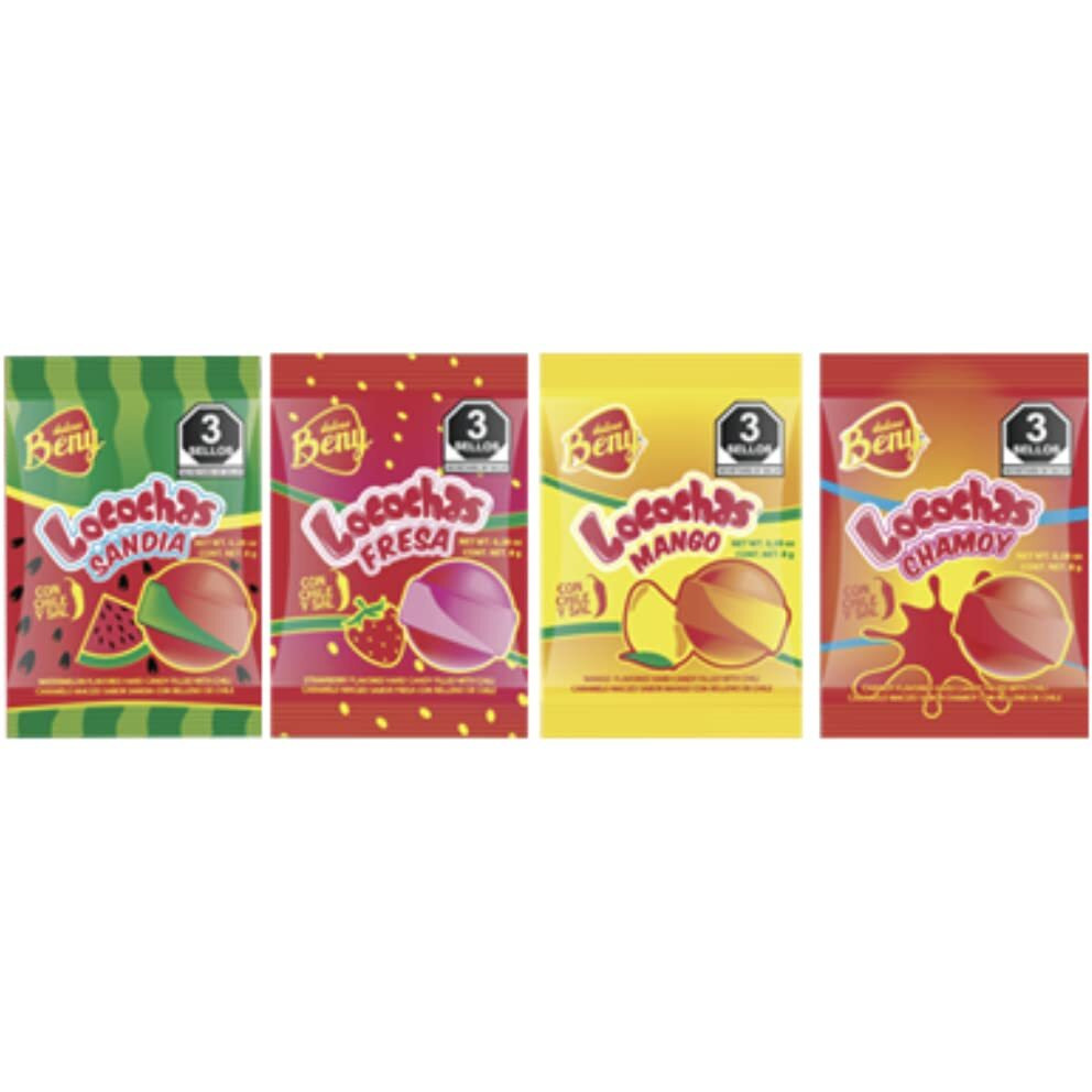 Beny Locochas Hard Sugar Candy With Chili Powder Center Mix Flavors 1Lb .093 Oz Bag 60 Pcs