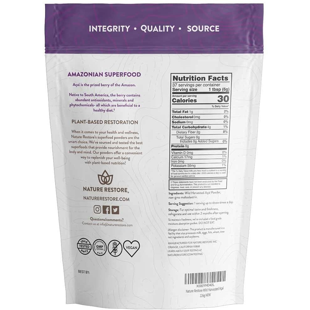 Nature Restore Wild Harvested Acai Berry Powder, 8 Ounces, Non Gmo, Gluten Free, Brazilian Wild Grown