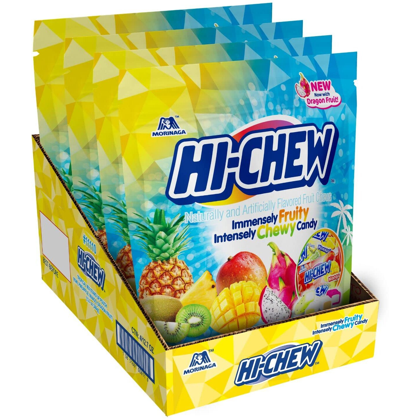 Hi-Chew Tropical Mix, 4 Stand Up Pouches, 12.7Oz Each | Kiwi Pineapple Mango Dragon Fruit | Unique Fun Soft & Chewy Taffy Candy | Immensely Juicy Fruit Flavors | Individually Wrapped For Sharing