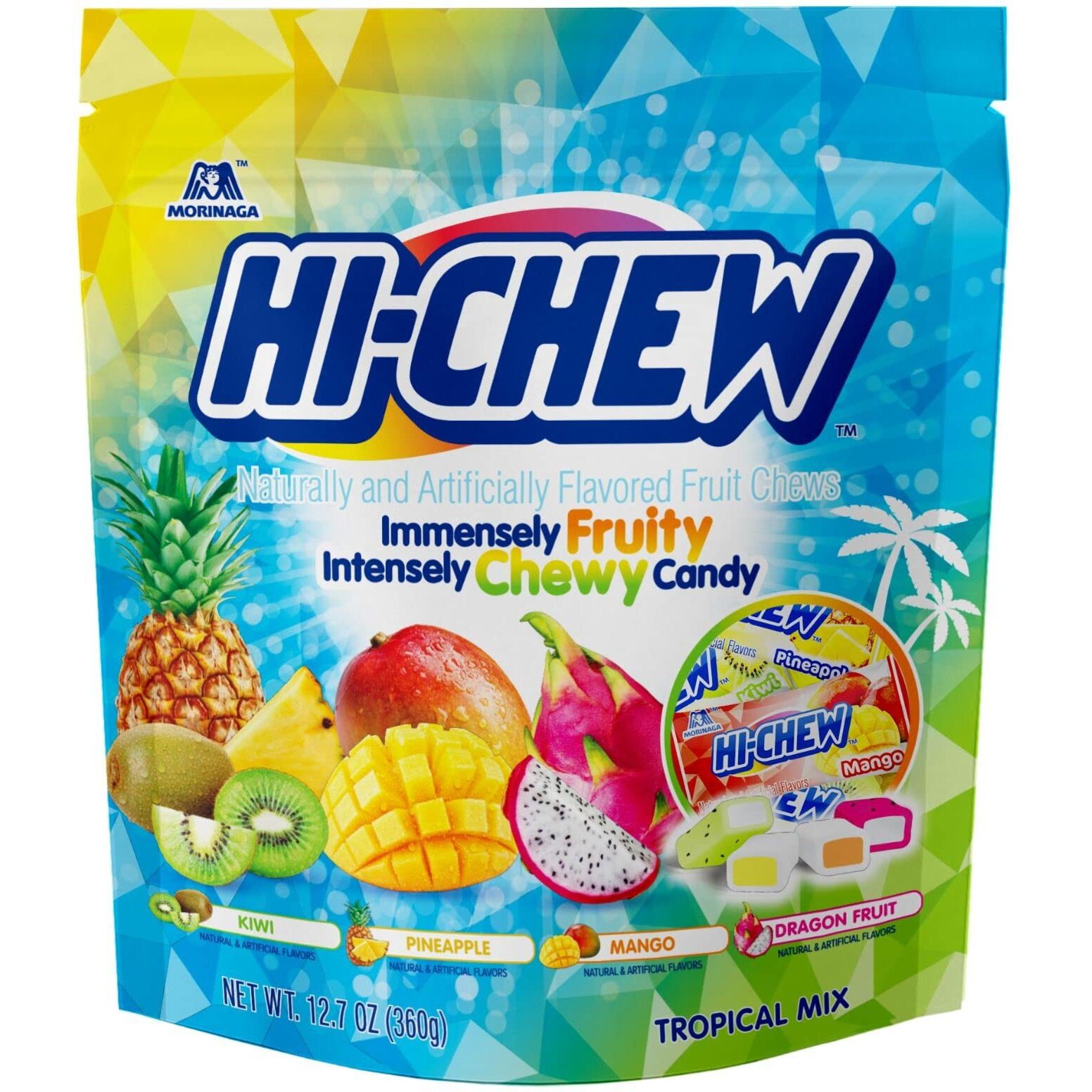Hi-Chew Tropical Mix, 4 Stand Up Pouches, 12.7Oz Each | Kiwi Pineapple Mango Dragon Fruit | Unique Fun Soft & Chewy Taffy Candy | Immensely Juicy Fruit Flavors | Individually Wrapped For Sharing