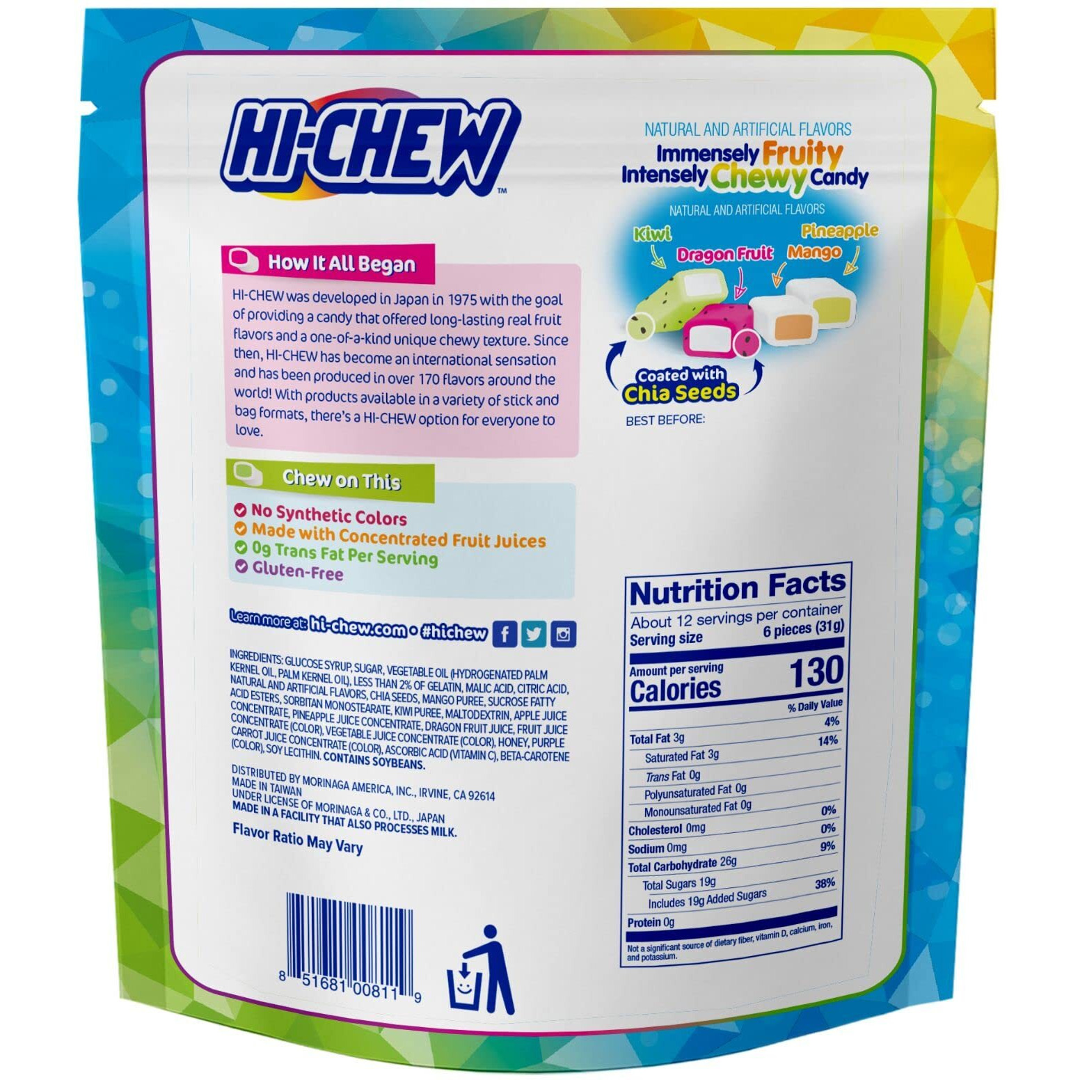 Hi-Chew Tropical Mix, 4 Stand Up Pouches, 12.7Oz Each | Kiwi Pineapple Mango Dragon Fruit | Unique Fun Soft & Chewy Taffy Candy | Immensely Juicy Fruit Flavors | Individually Wrapped For Sharing