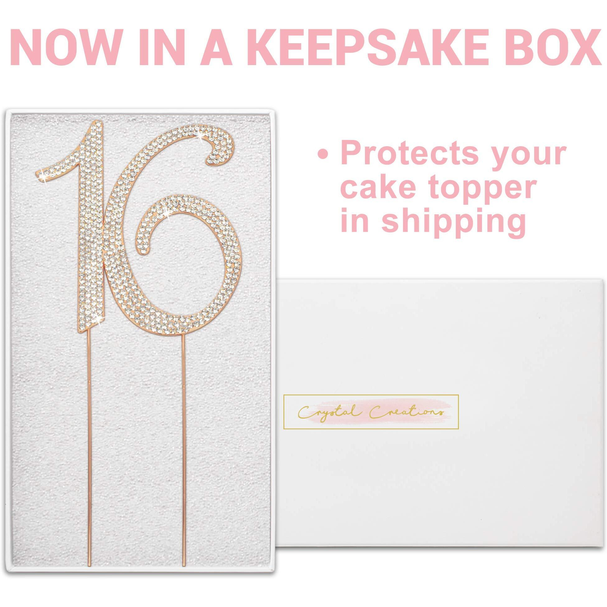 16 Cake Topper - Premium Rose Gold Metal - Sweet 16 Birthday Party Sparkly Rhinestone Decoration Makes A Great Centerpiece - Now Protected In A Box