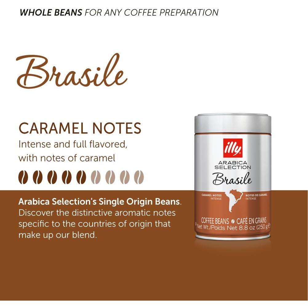 Illy Whole Bean Coffee - Perfectly Roasted Whole Coffee Beans - Brasile Bold Roast - Notes Of Caramel - Mild & Balanced - 100% Arabica Coffee - No Preservatives - 8.8 Ounce