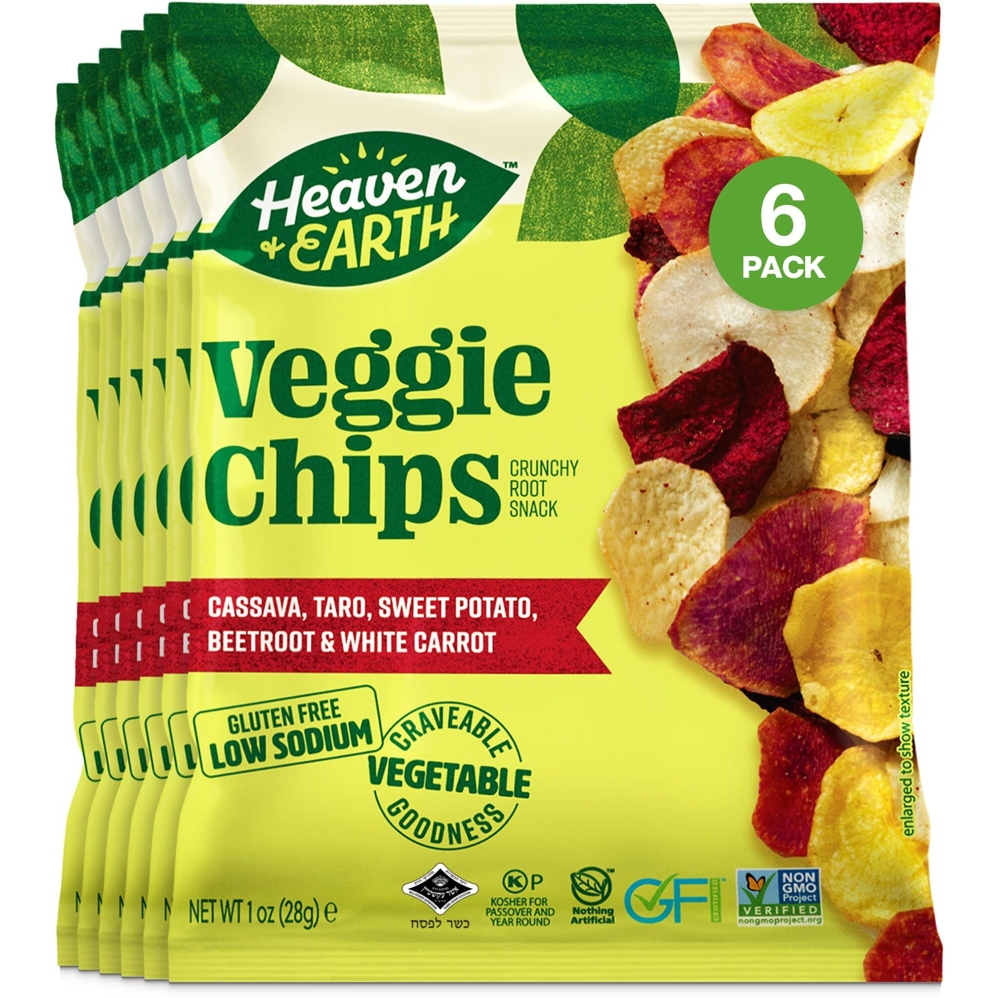 Heaven & Earth Veggie Chips, Root Vegetable Medley Chips 1Oz (6 Pack) Thin & Crisp | Perfect Snack & Salad Topper | Non Gmo | Certified Kosher